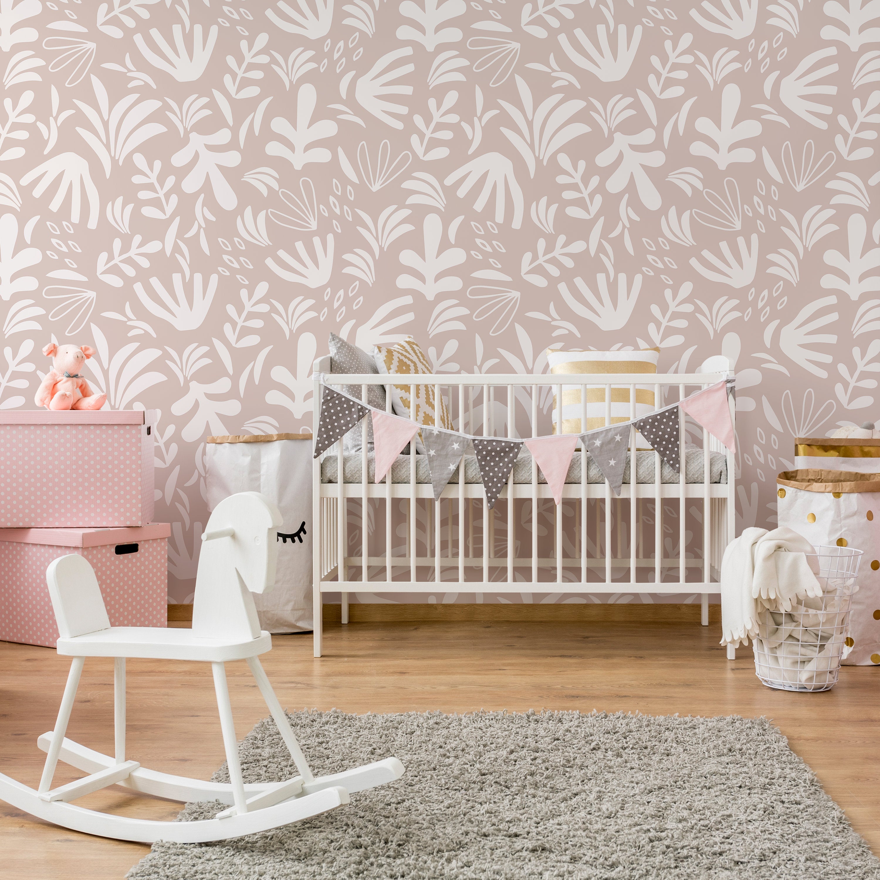 Abstract Wallpaper With A Stylized Garden Motif In Dusty Rose And Cream - D678