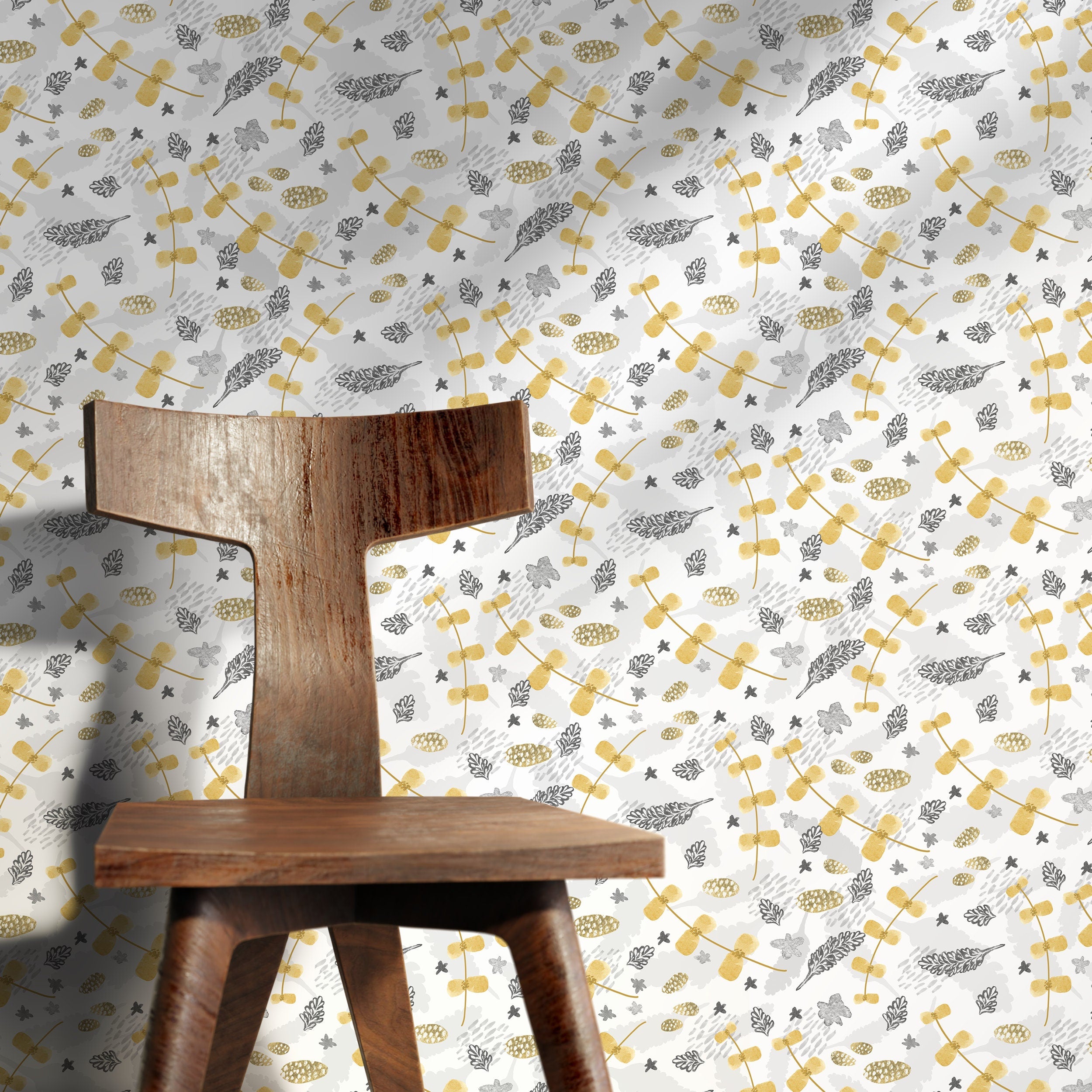Botanical Wallpaper With Stylized Stems And Leaves In Yellow And Grey - X001