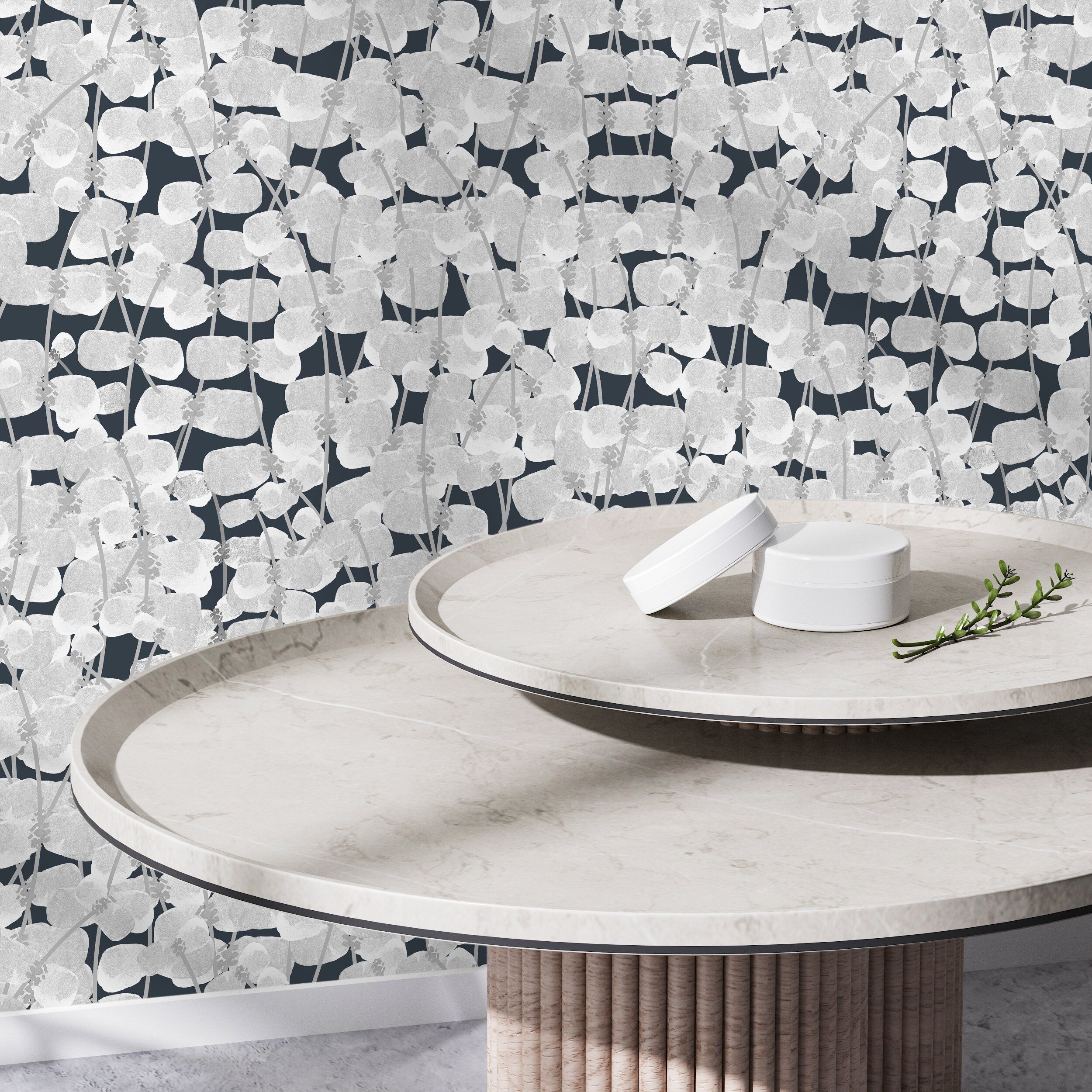 Botanical Wallpaper With Cascading Silver Vines In Silver, Gray, And Dark Blue - X007