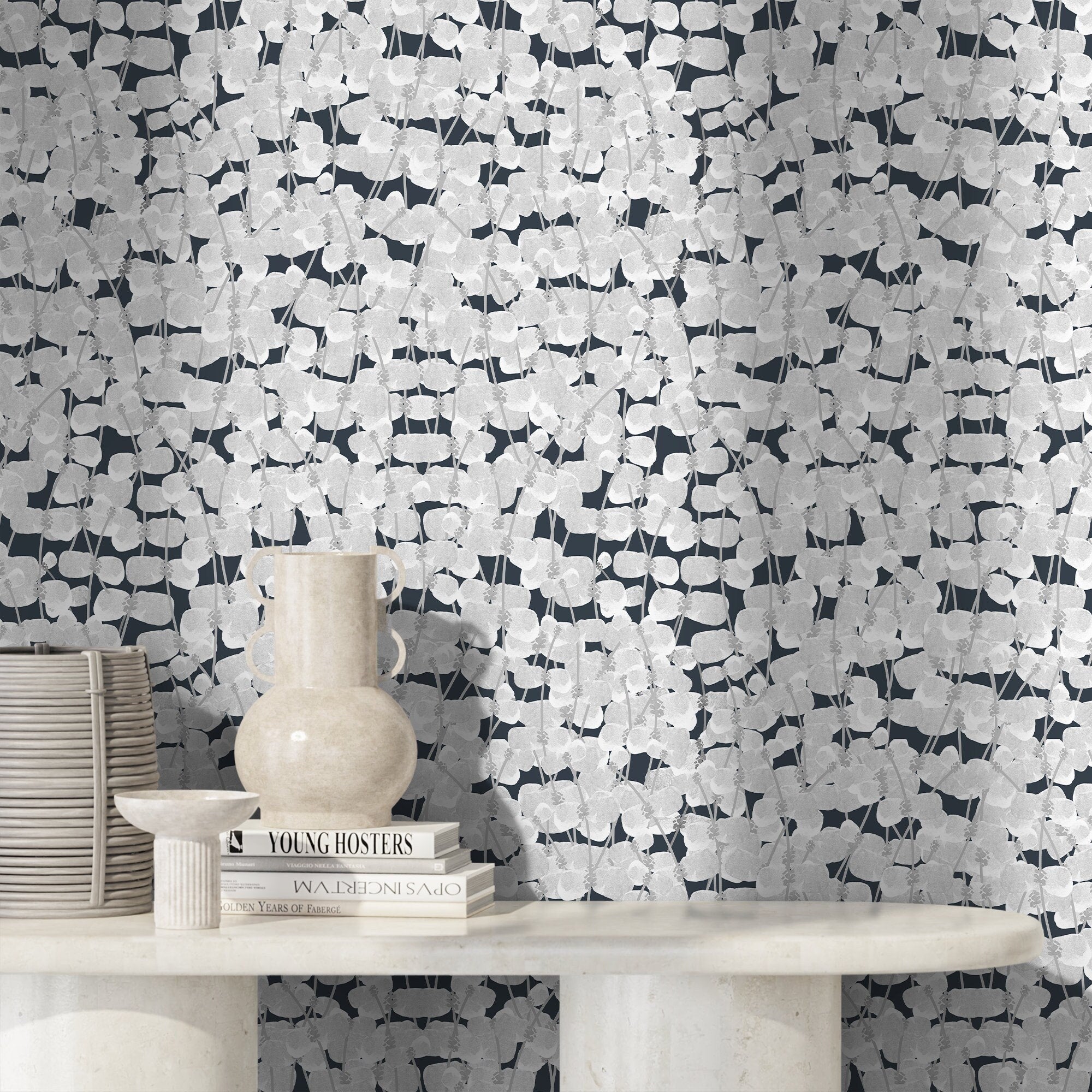 Botanical Wallpaper With Cascading Silver Vines In Silver, Gray, And Dark Blue - X007