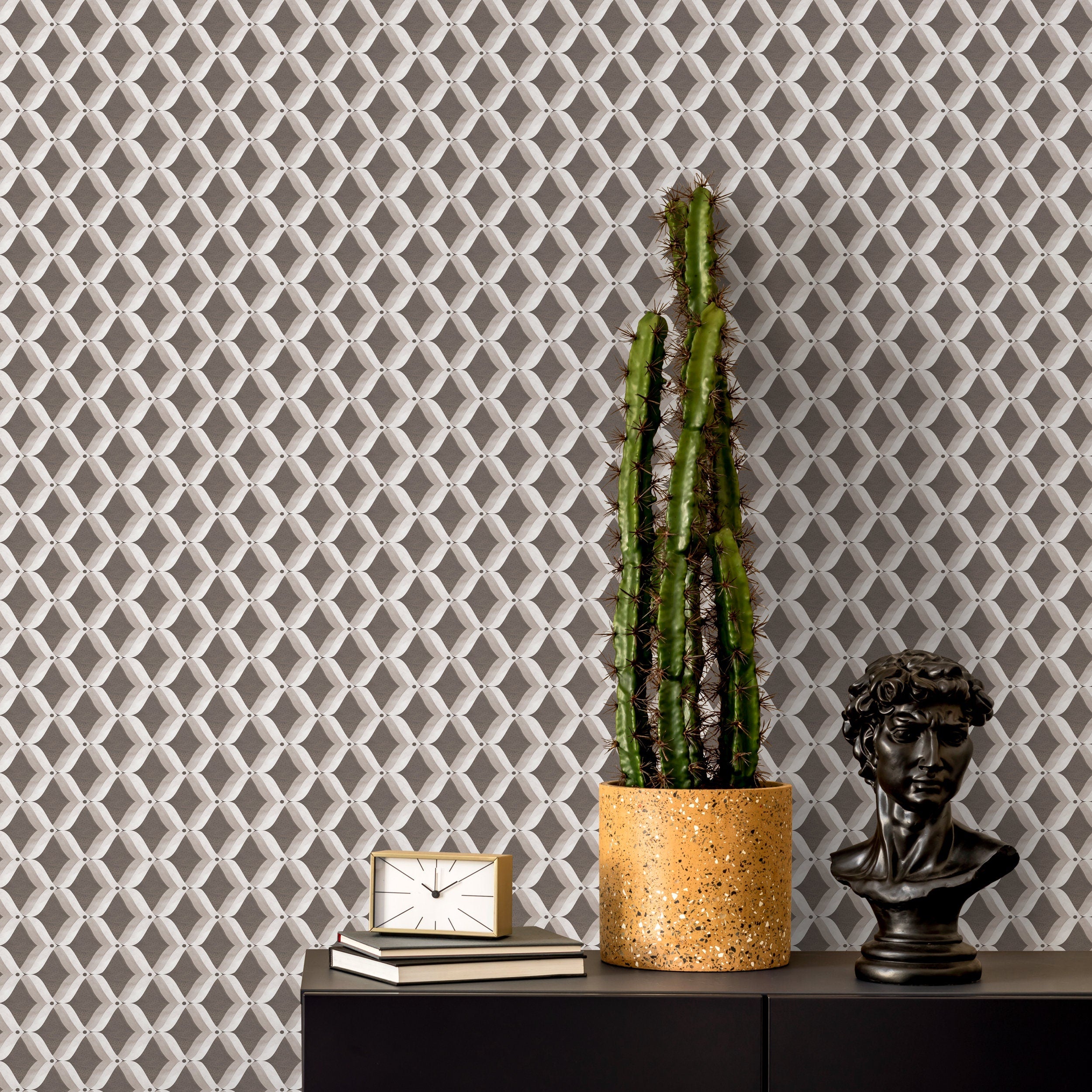 Geometric Wallpaper With A Wavy Lattice Motif In Brown And Gray - X022