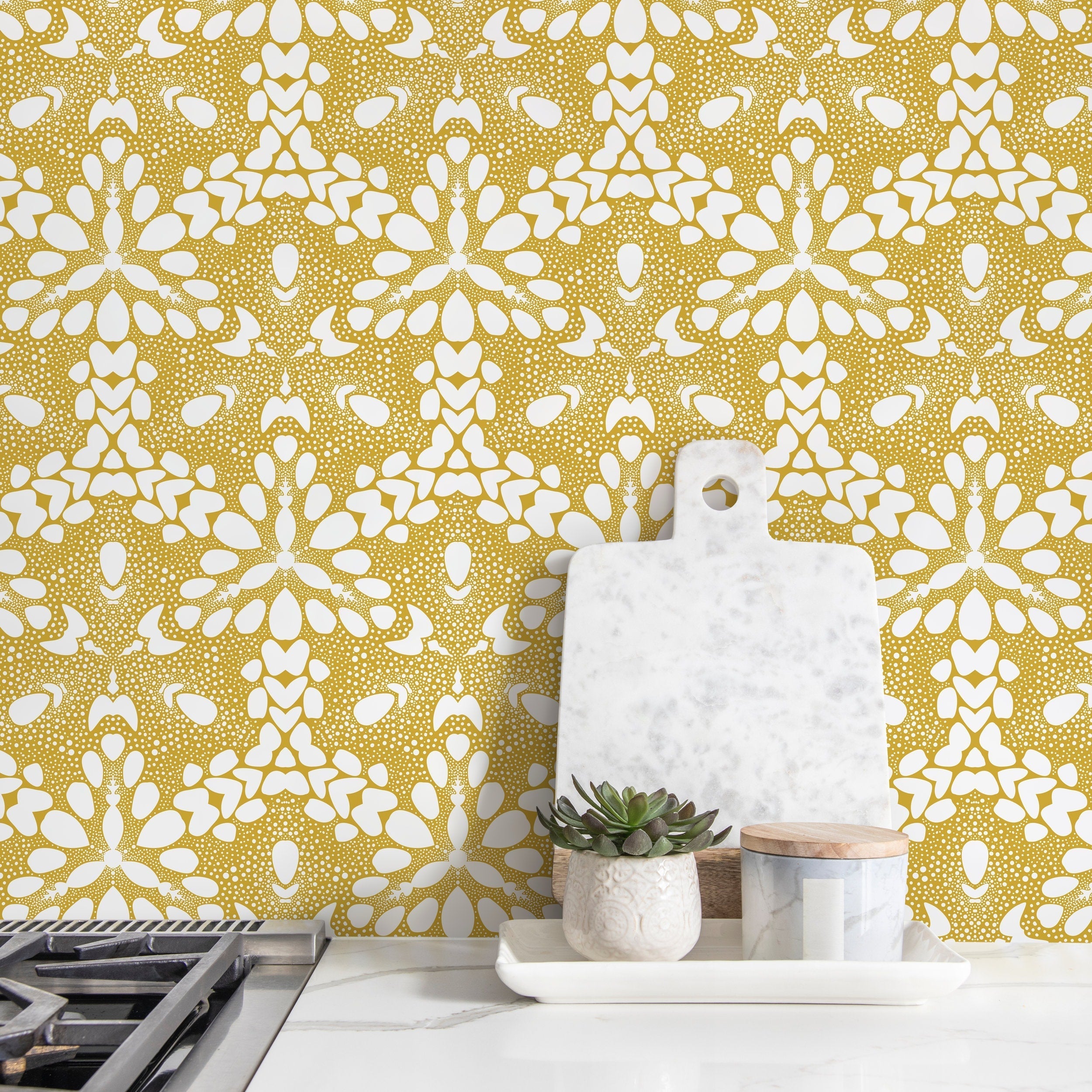 Art Deco Wallpaper With A Symmetrical Starburst Motif In Mustard Yellow - X029