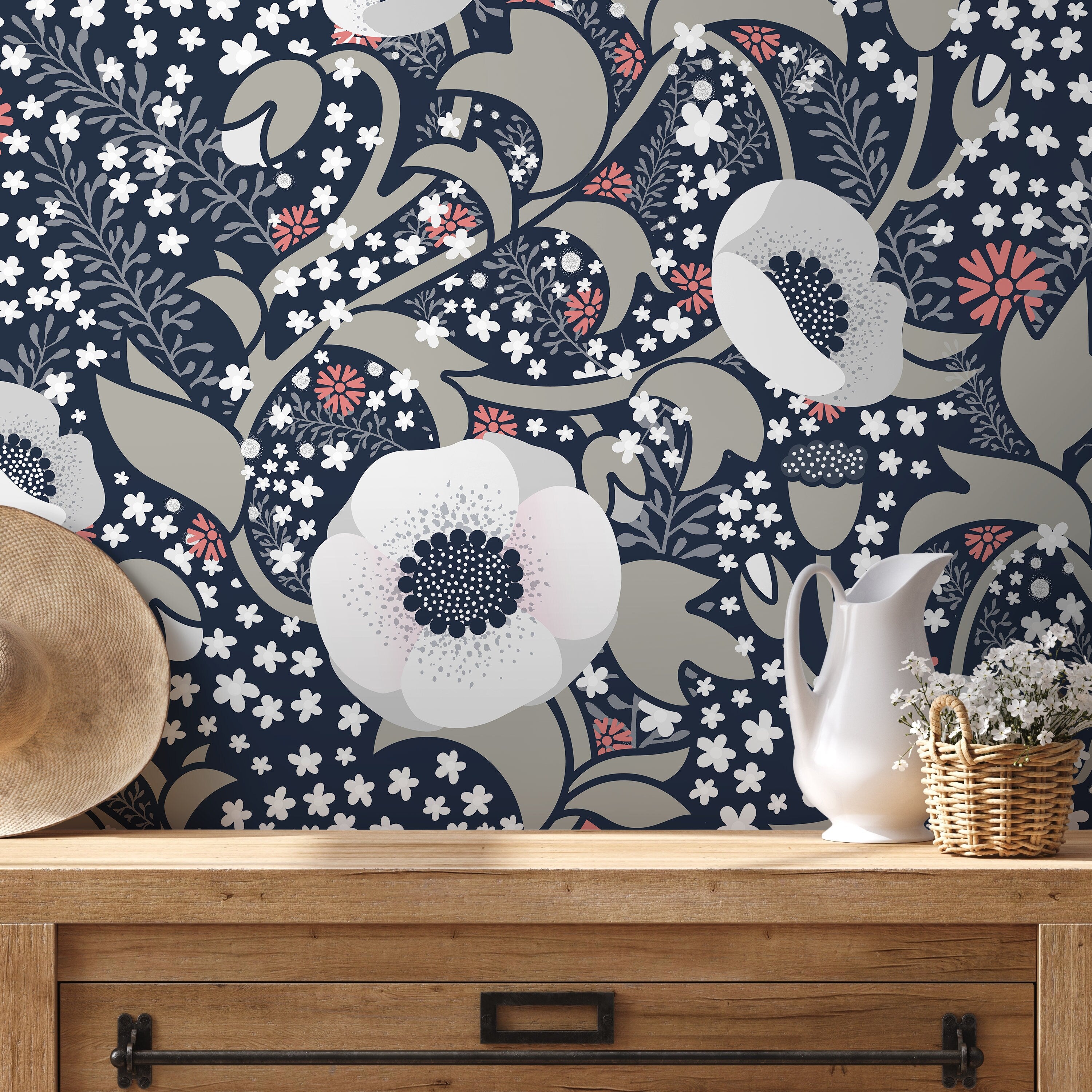 Floral Wallpaper With Stylized Anemones In Navy Blue, Coral, And Gray - X033