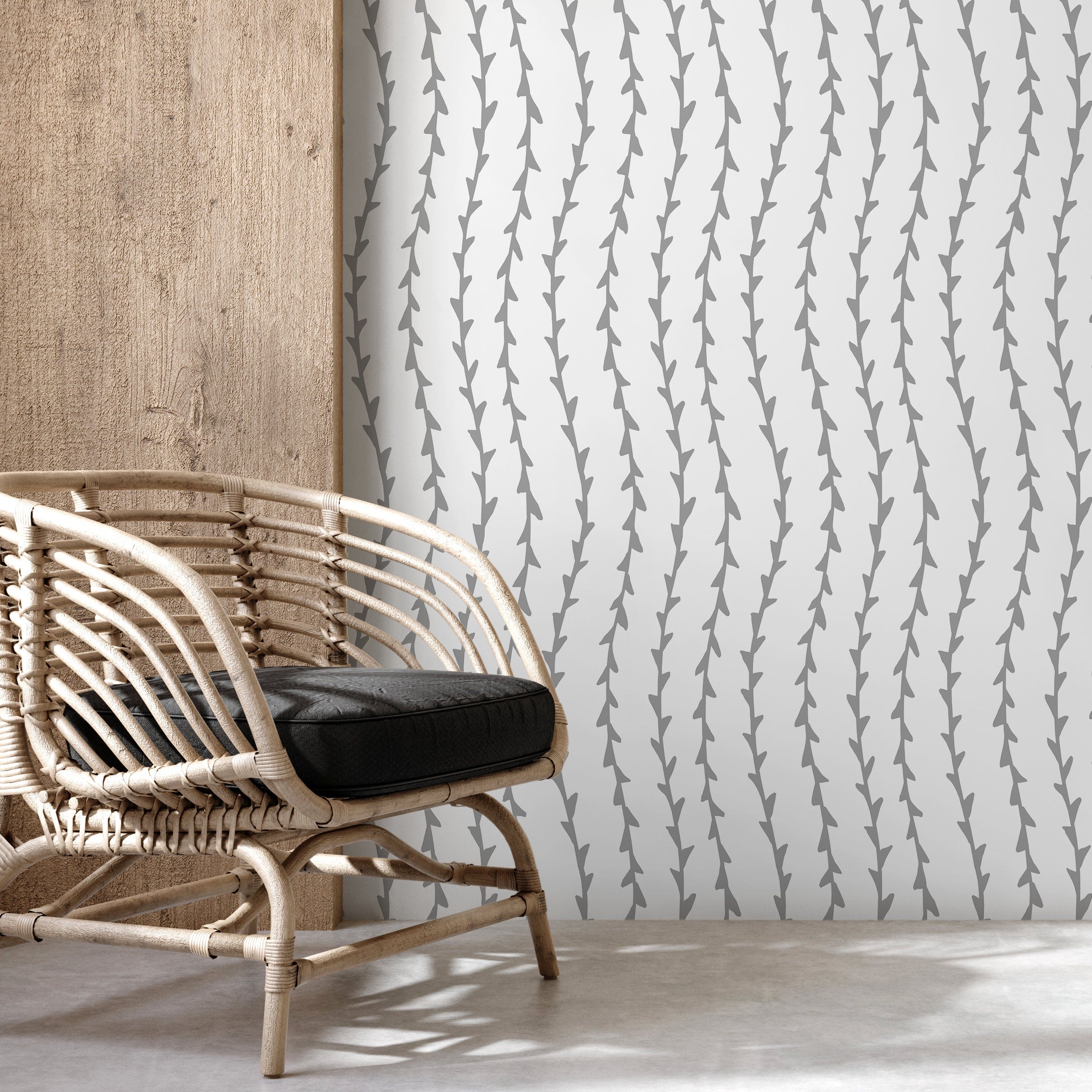 Botanical Wallpaper With A Minimalist Vine Stripe Motif In Grey - X055