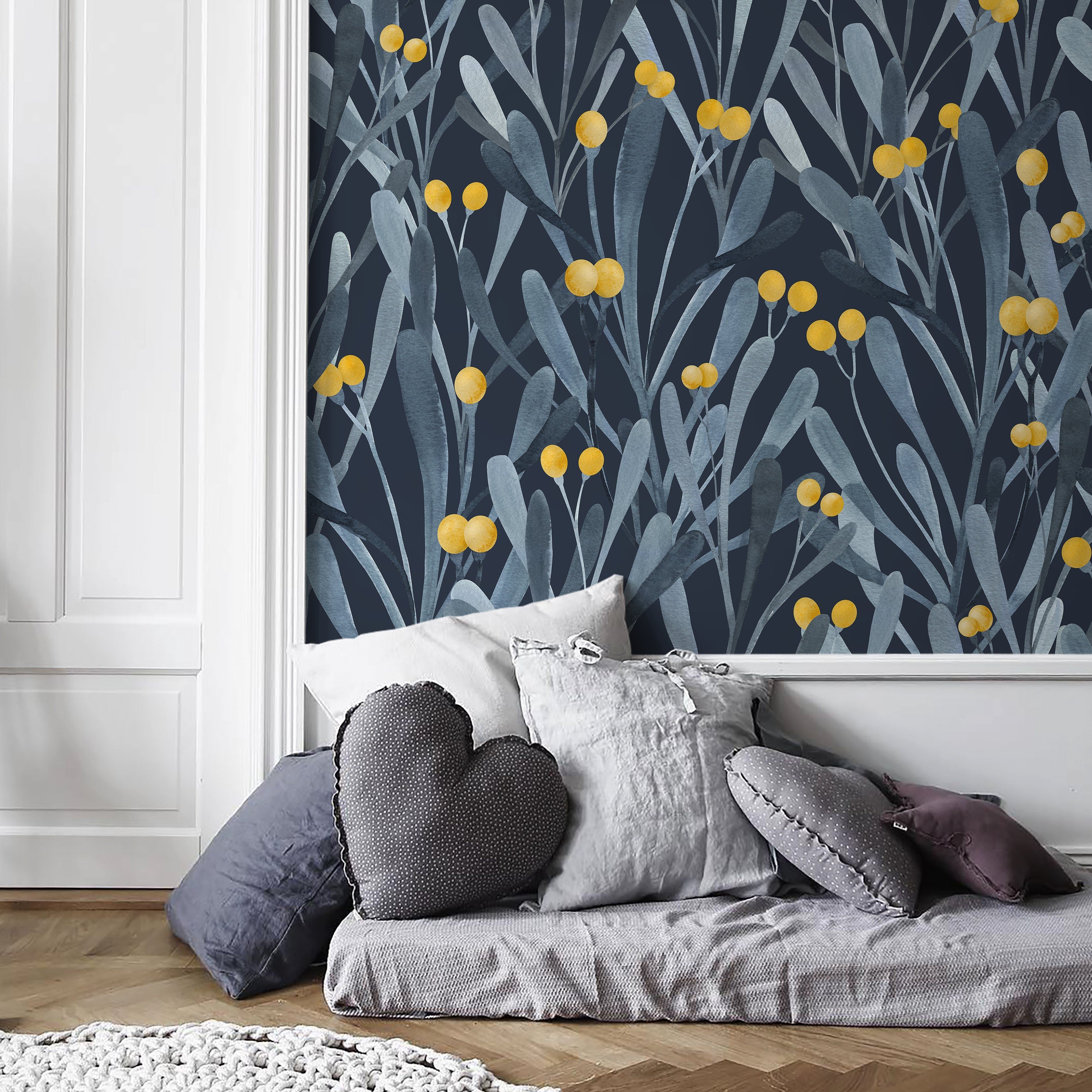 Botanical Wallpaper With Watercolor Leaves And Berries In Blue, Gray, And Yellow - X060