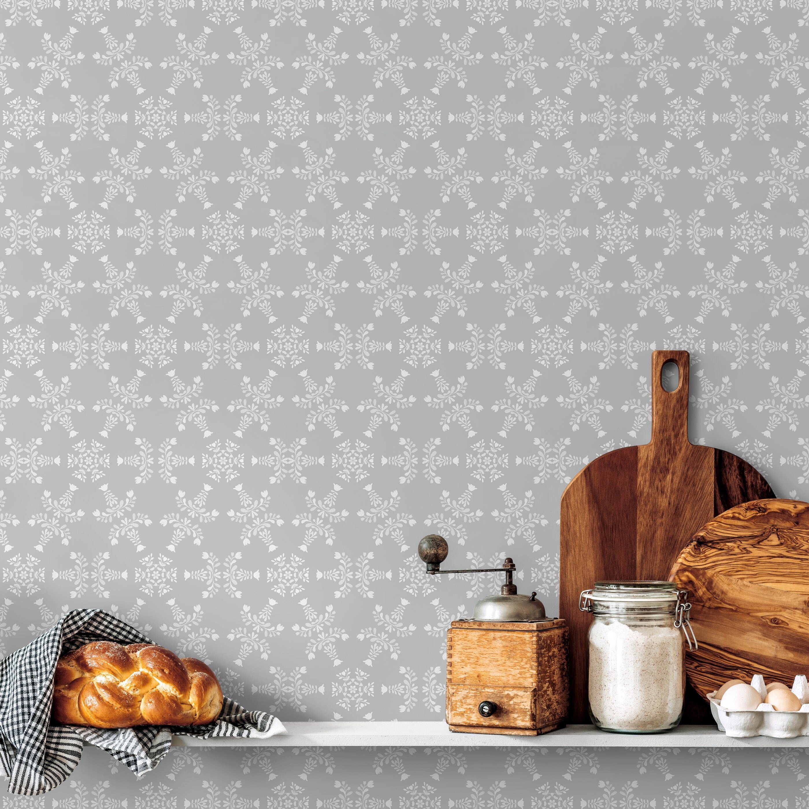 Damask Wallpaper With A Scandinavian Folk Art Motif In Gray And White - X063