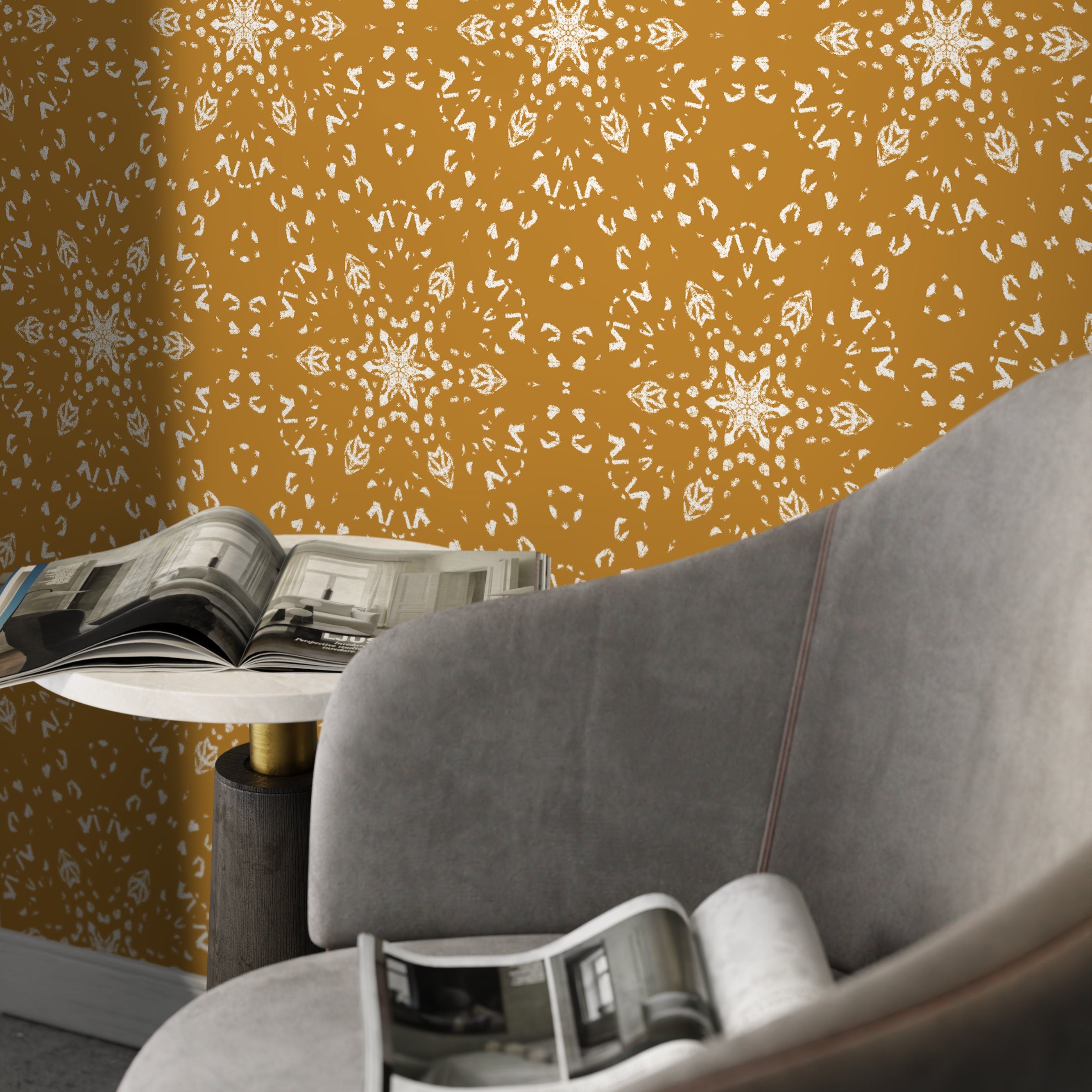 Geometric Wallpaper With A Stamped Medallion Motif In Mustard Yellow - X084