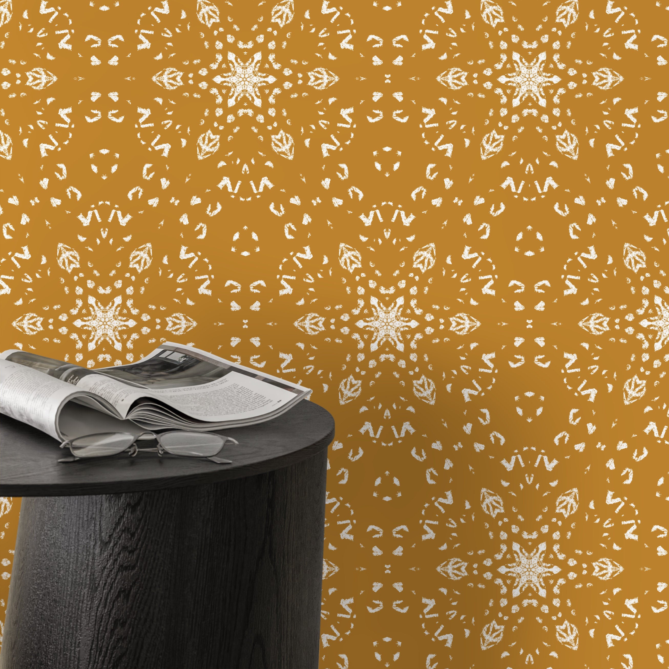 Geometric Wallpaper With A Stamped Medallion Motif In Mustard Yellow - X084