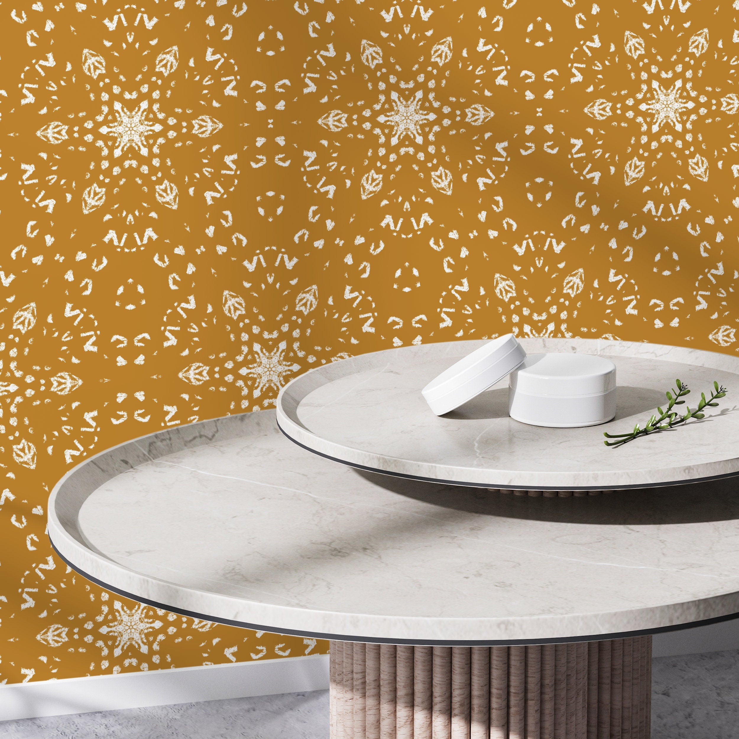 Geometric Wallpaper With A Stamped Medallion Motif In Mustard Yellow - X084
