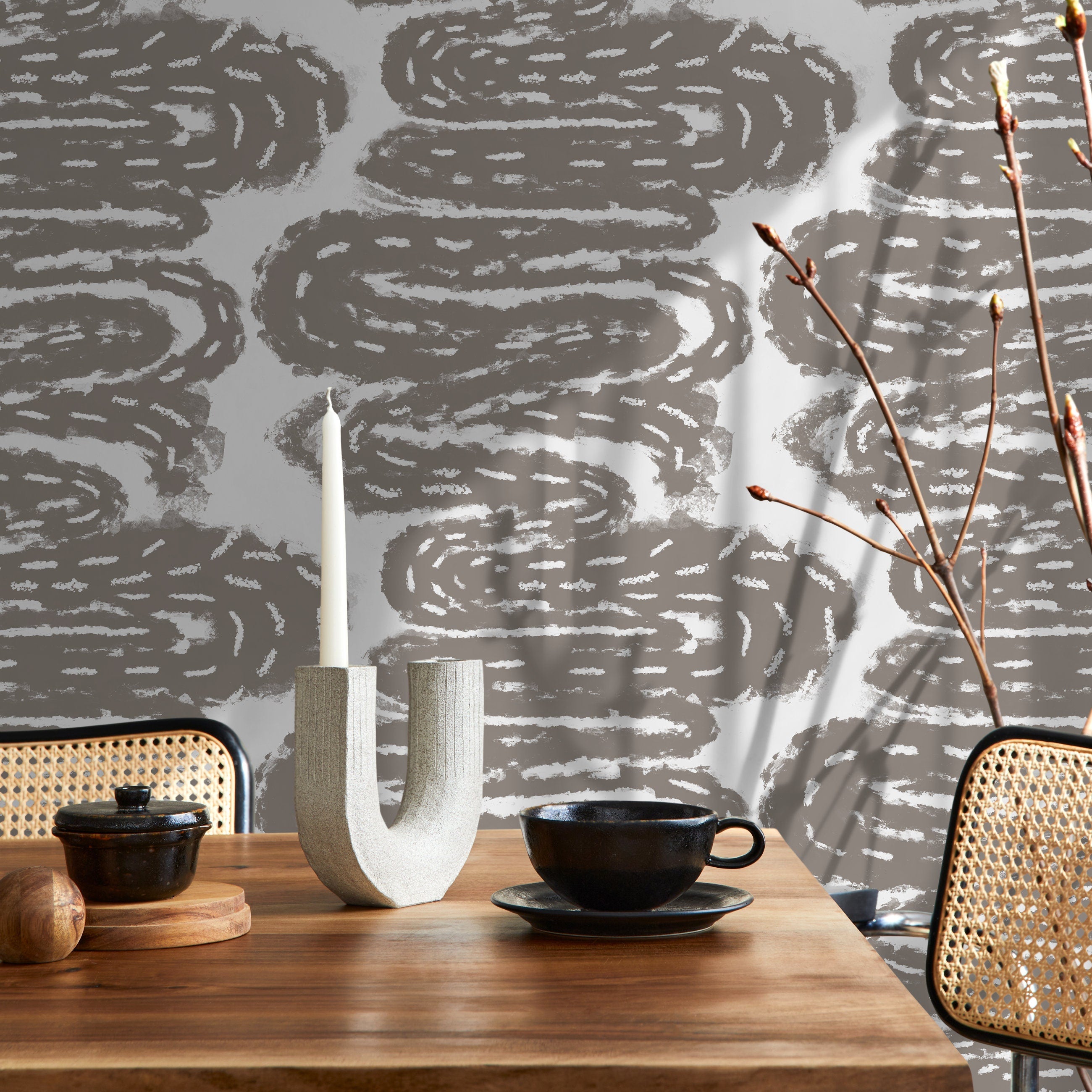 Abstract Wallpaper With Winding Brush Strokes In Taupe - X112
