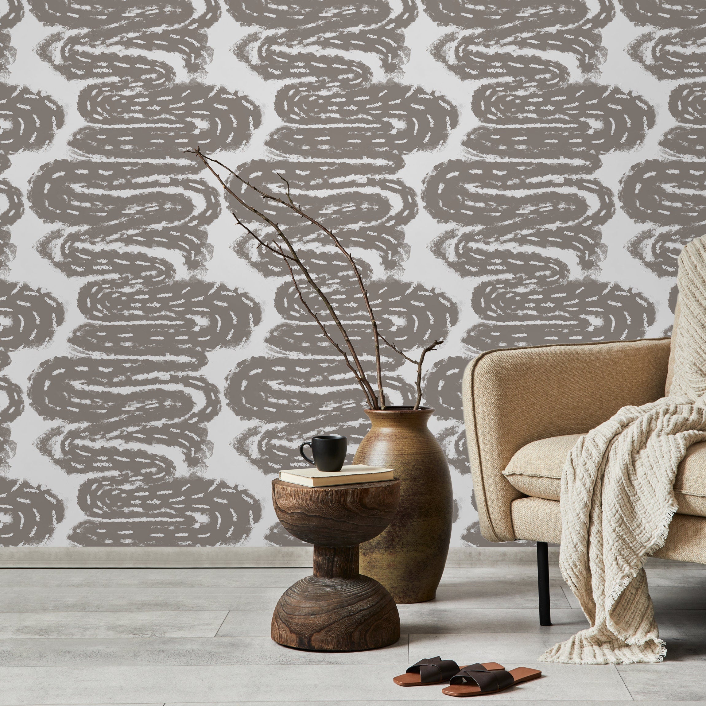 Abstract Wallpaper With Winding Brush Strokes In Taupe - X112
