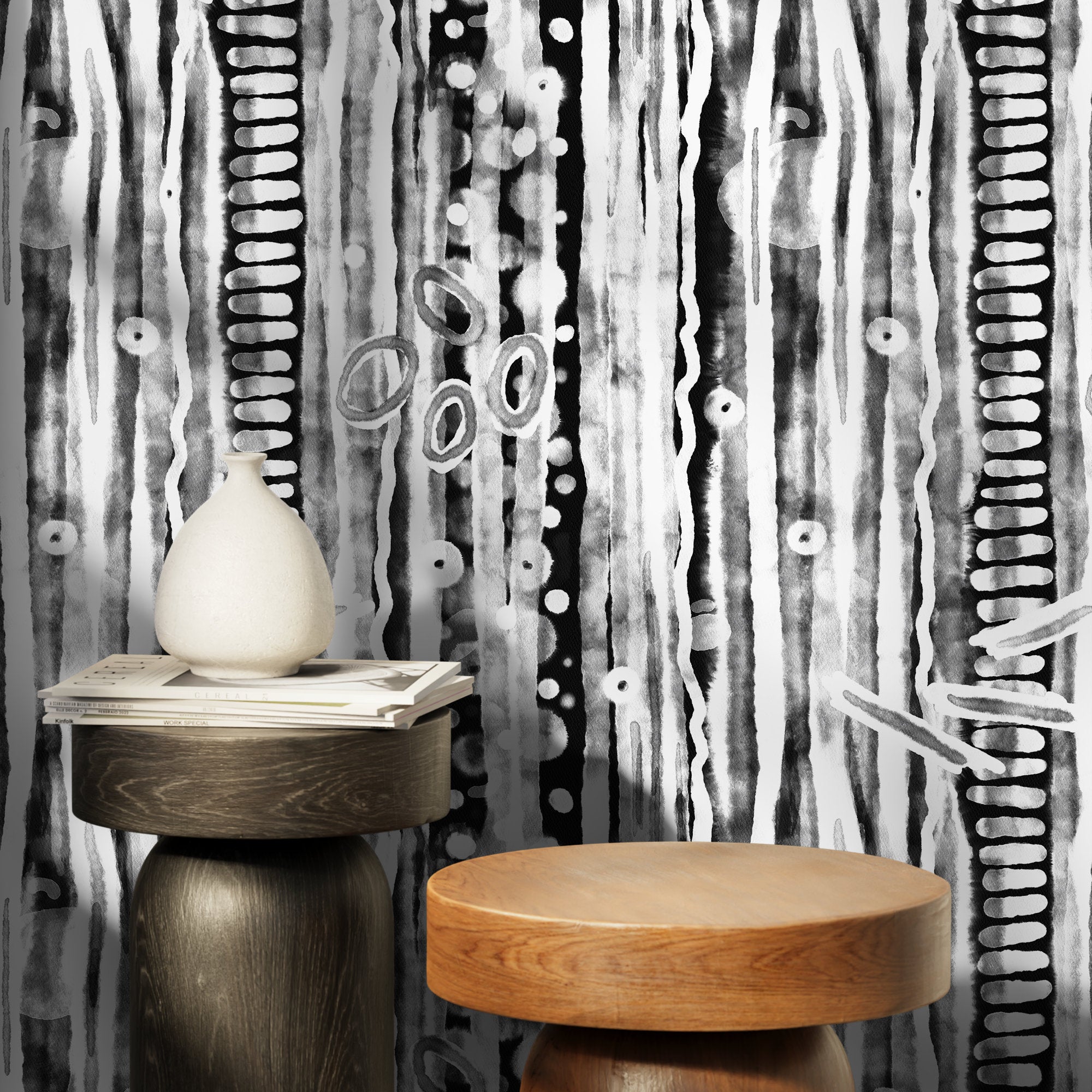 Abstract Wallpaper With Watercolor Stripes And Circles In Black And White - X117