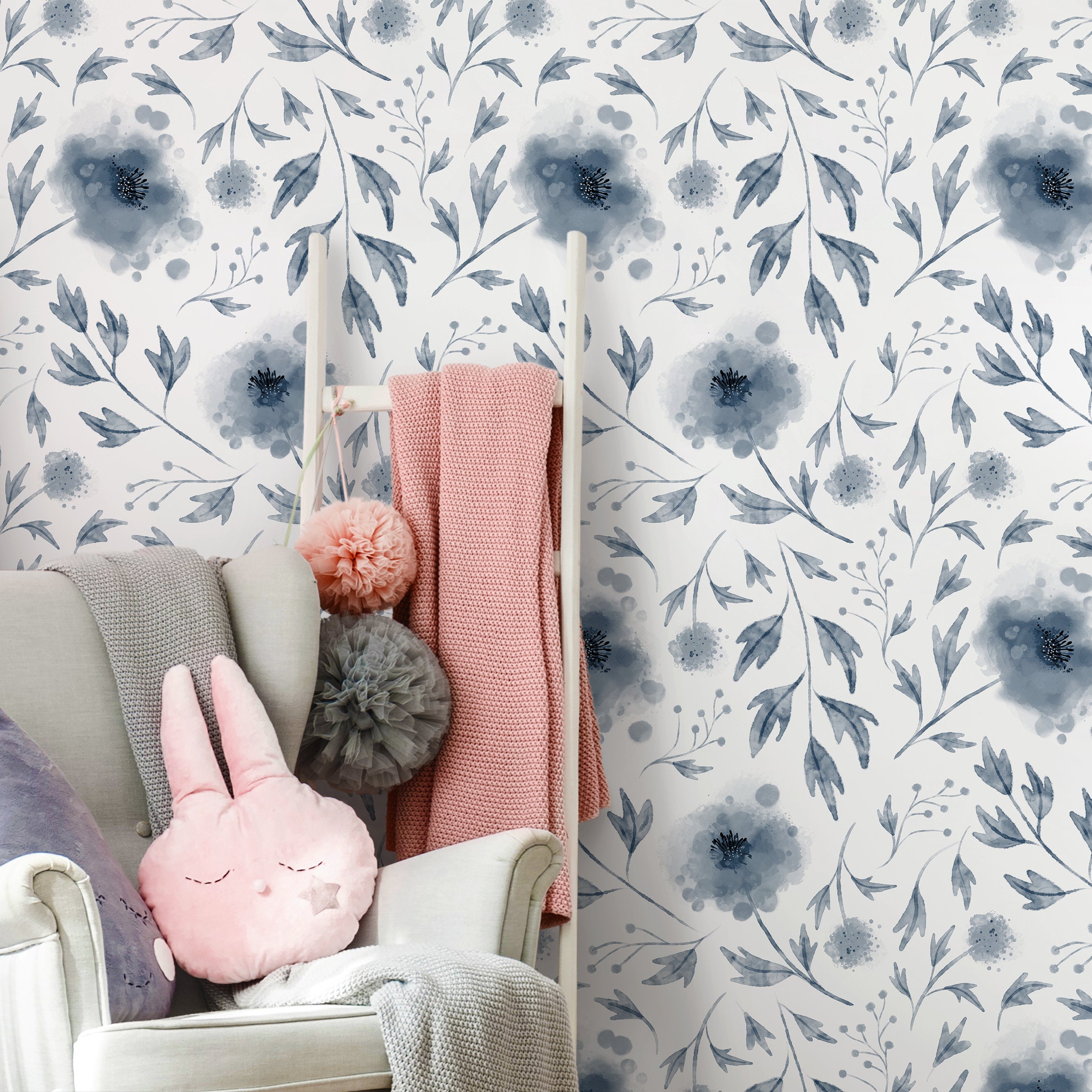 Floral Wallpaper With Delicate Watercolor Poppies In Blue And Black - X125