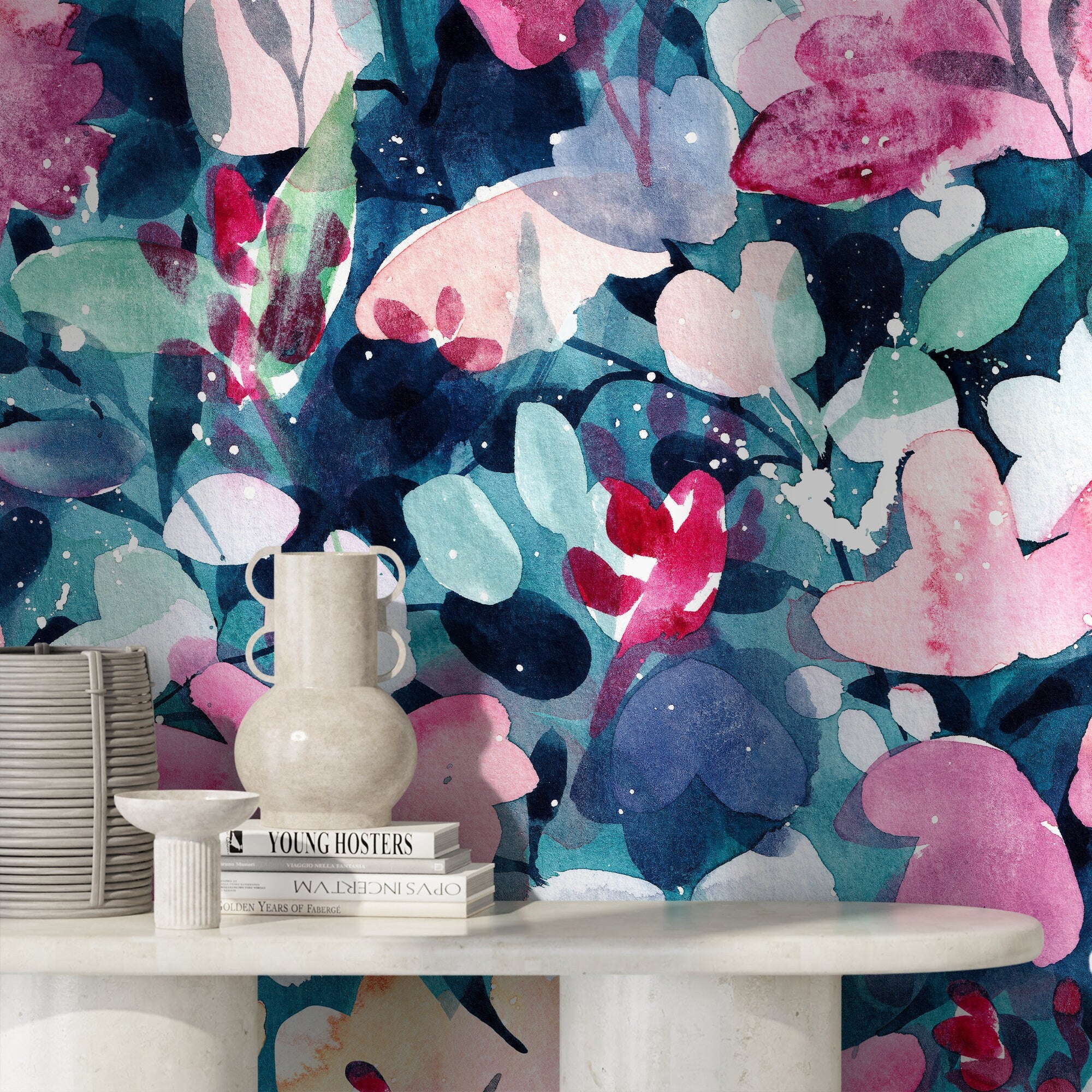 Floral Wallpaper With A Painterly Watercolor Motif In Pink, Teal, And Blue - X149