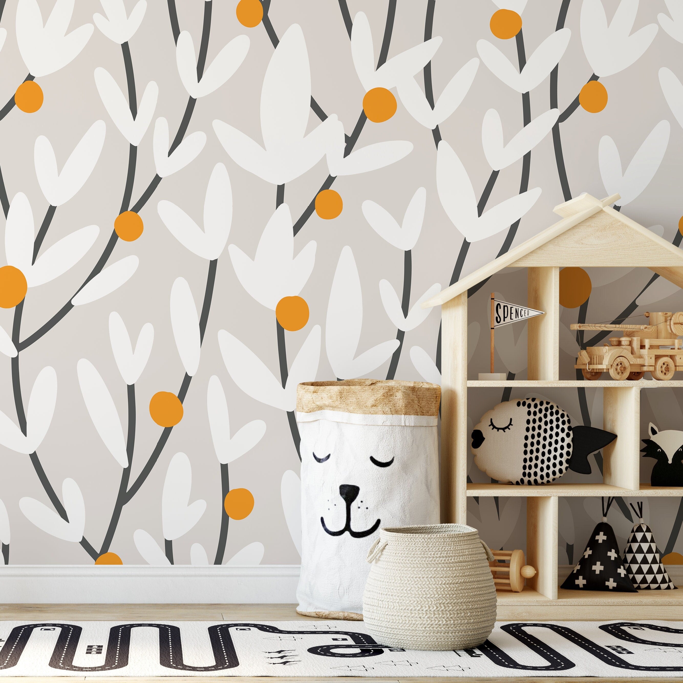 Floral Wallpaper With Abstract Blooms In Orange, White, And Charcoal - X178
