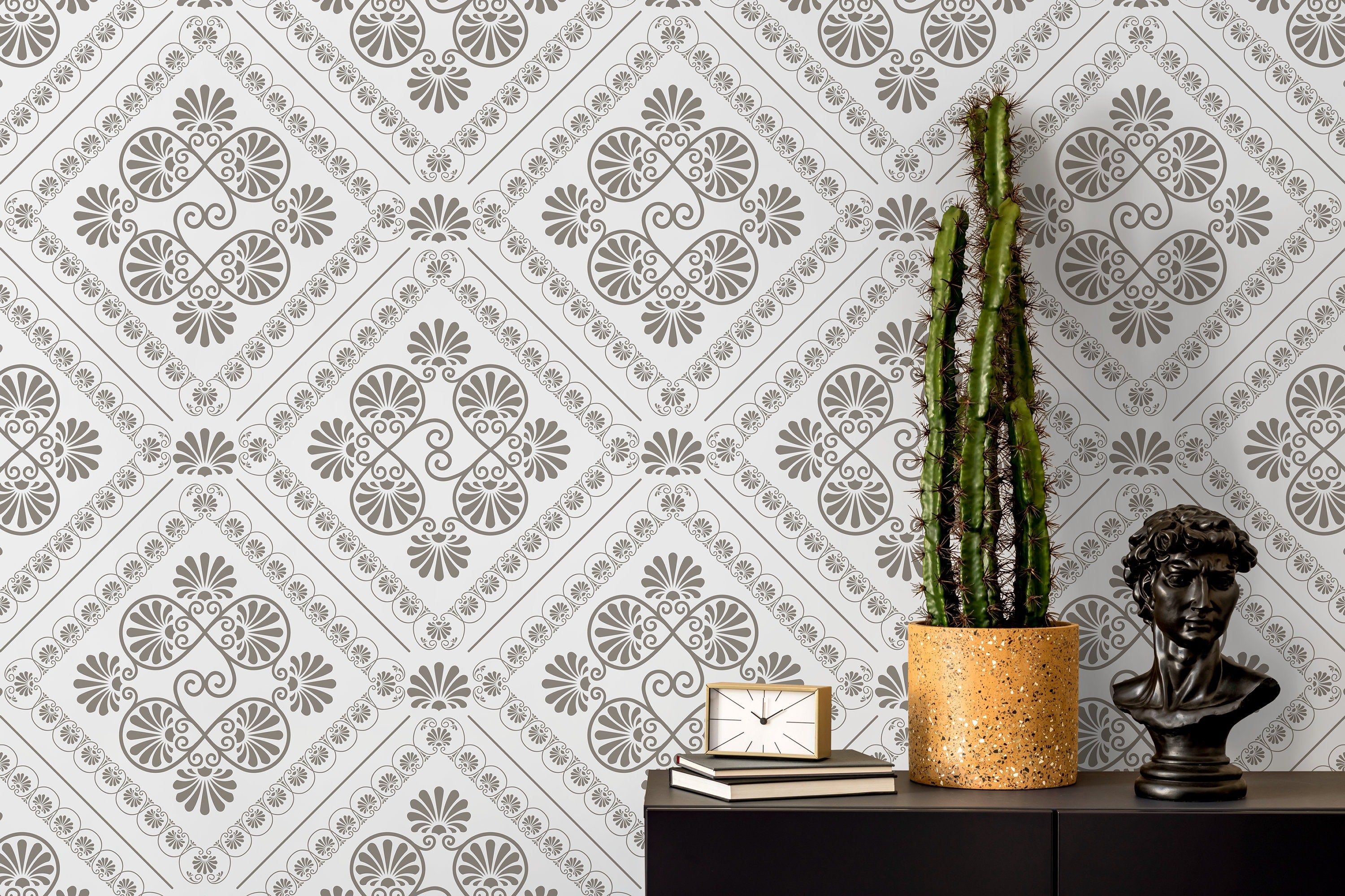 Classical Tile Wallpaper With Greco-roman Palmettes In Beige And Grey - D134