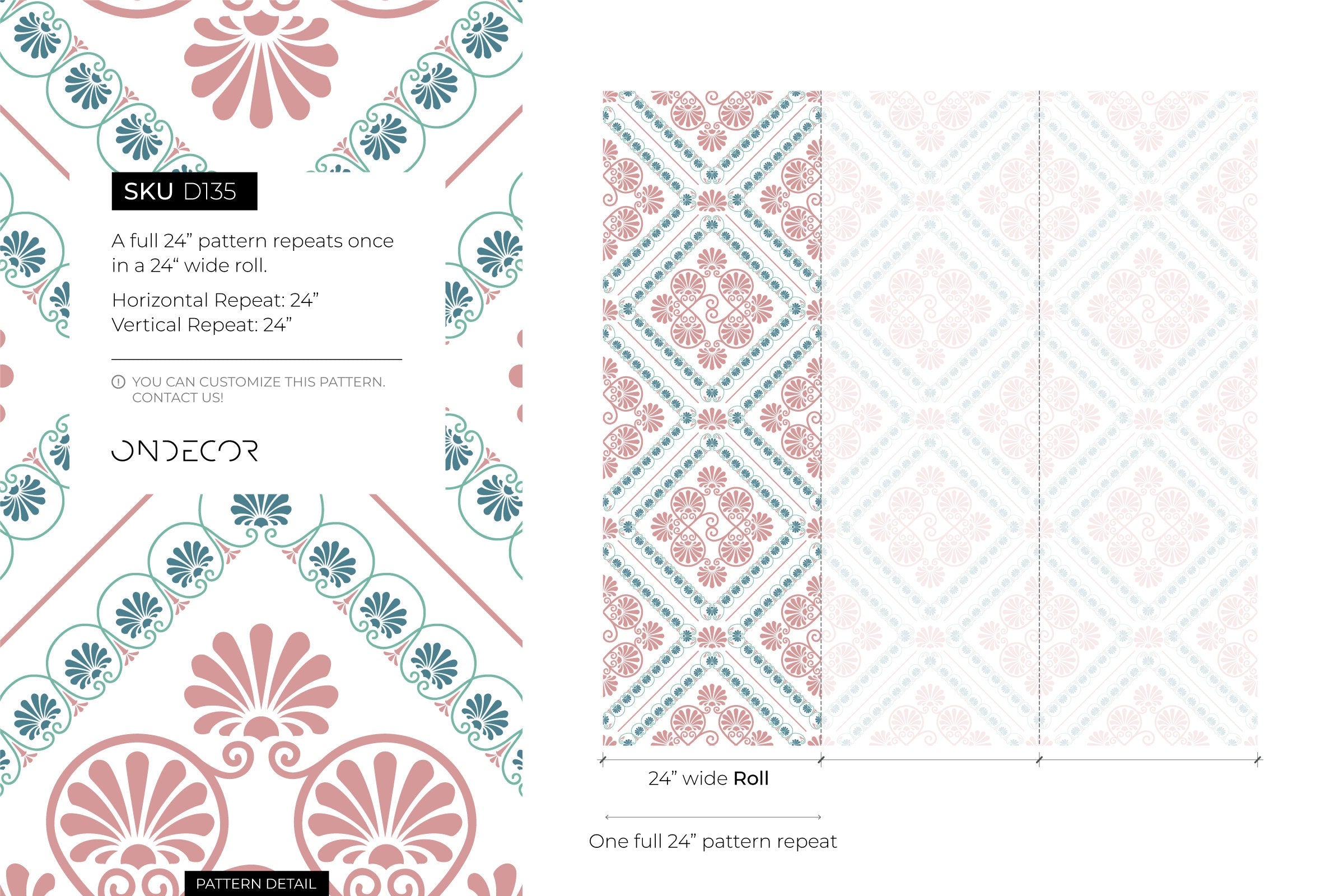 Retro Tile Wallpaper With A Greek Palmette Motif In Pink And Blue - D135