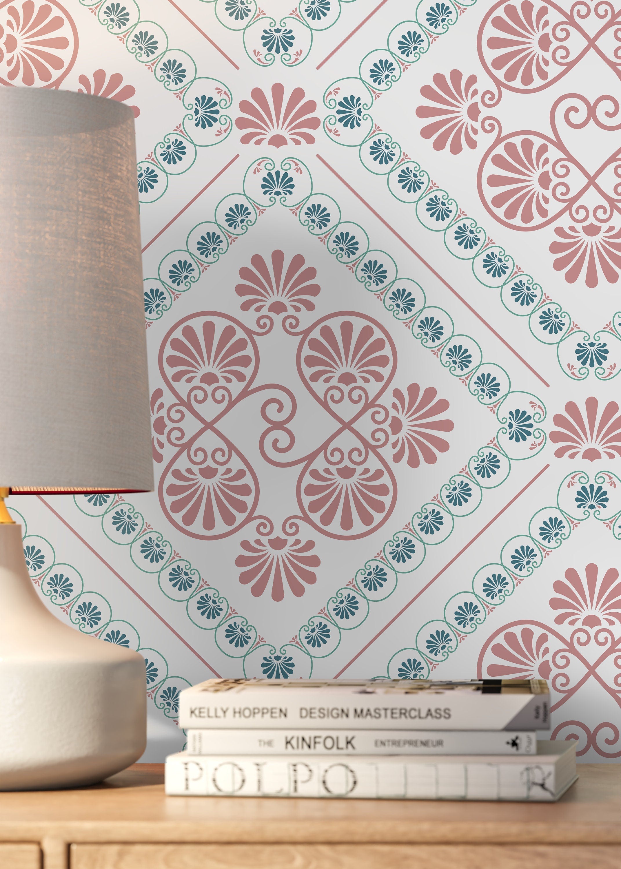 Retro Tile Wallpaper With A Greek Palmette Motif In Pink And Blue - D135