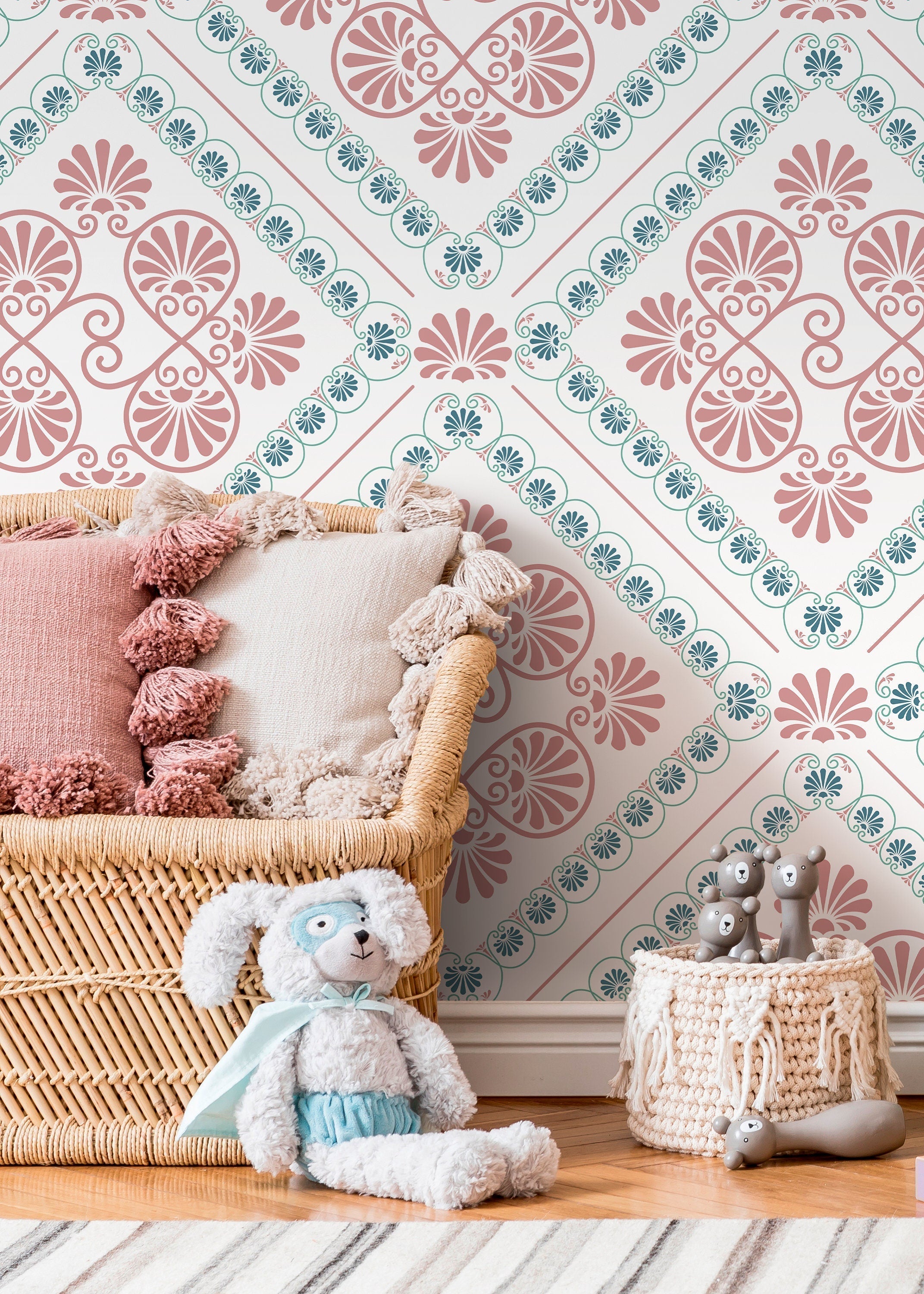 Retro Tile Wallpaper With A Greek Palmette Motif In Pink And Blue - D135