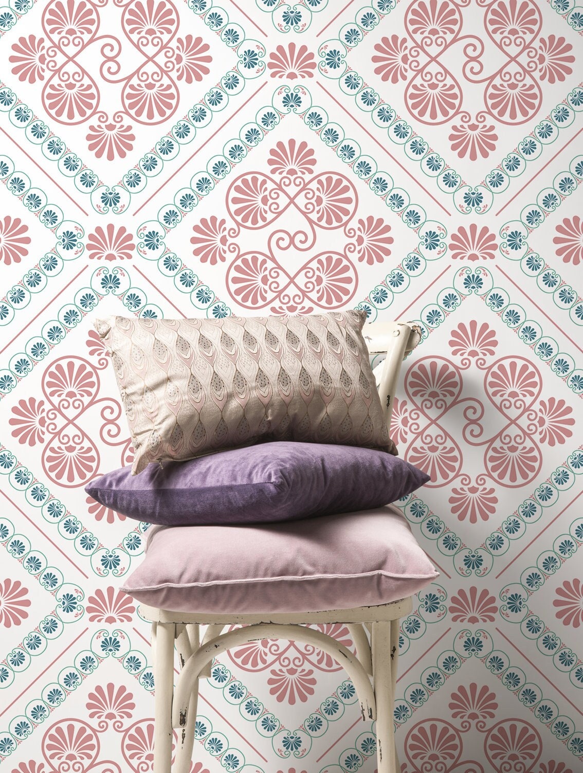 Retro Tile Wallpaper With A Greek Palmette Motif In Pink And Blue - D135