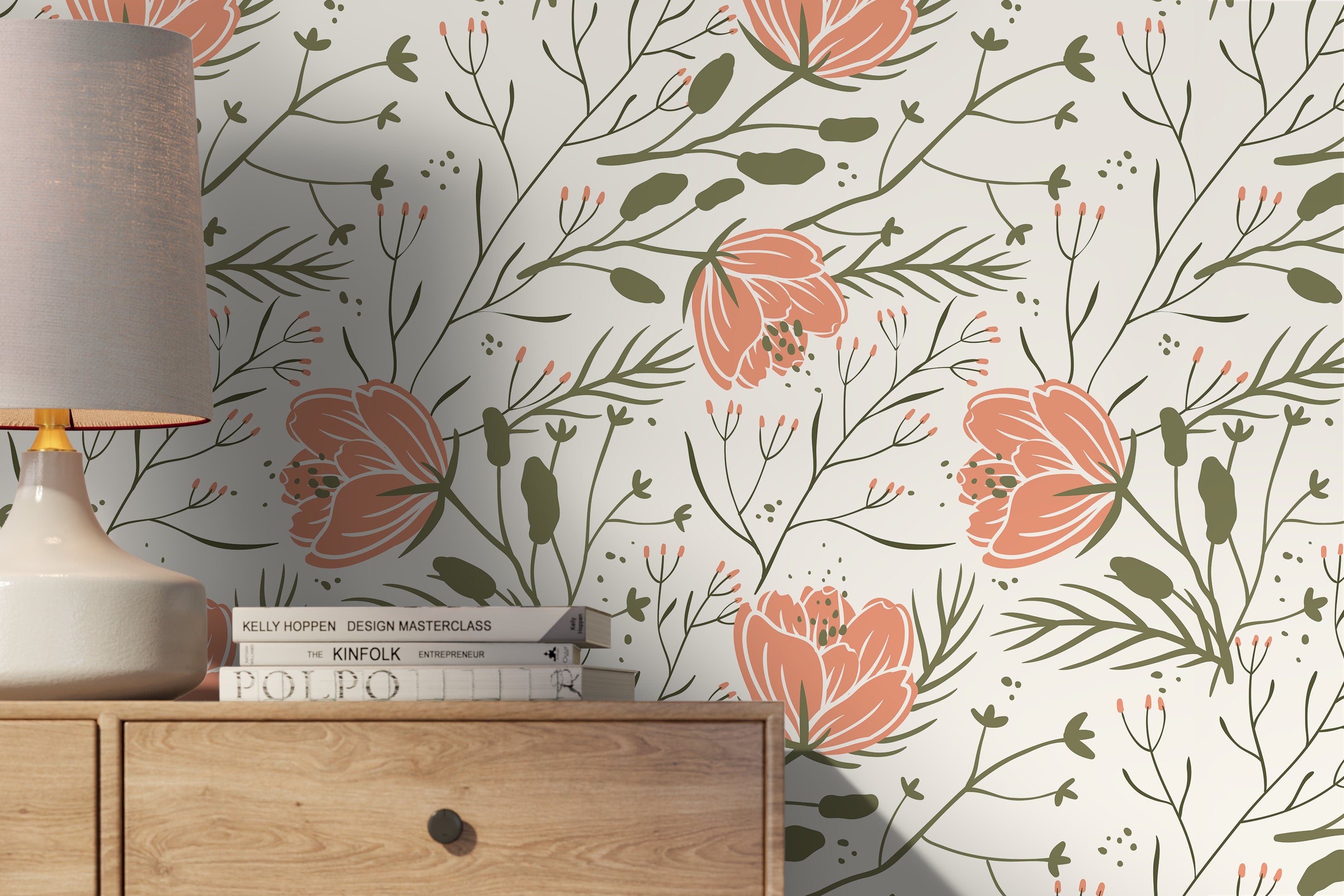 Floral Wallpaper With A Scandinavian Botanical Motif In Coral And Green - D148