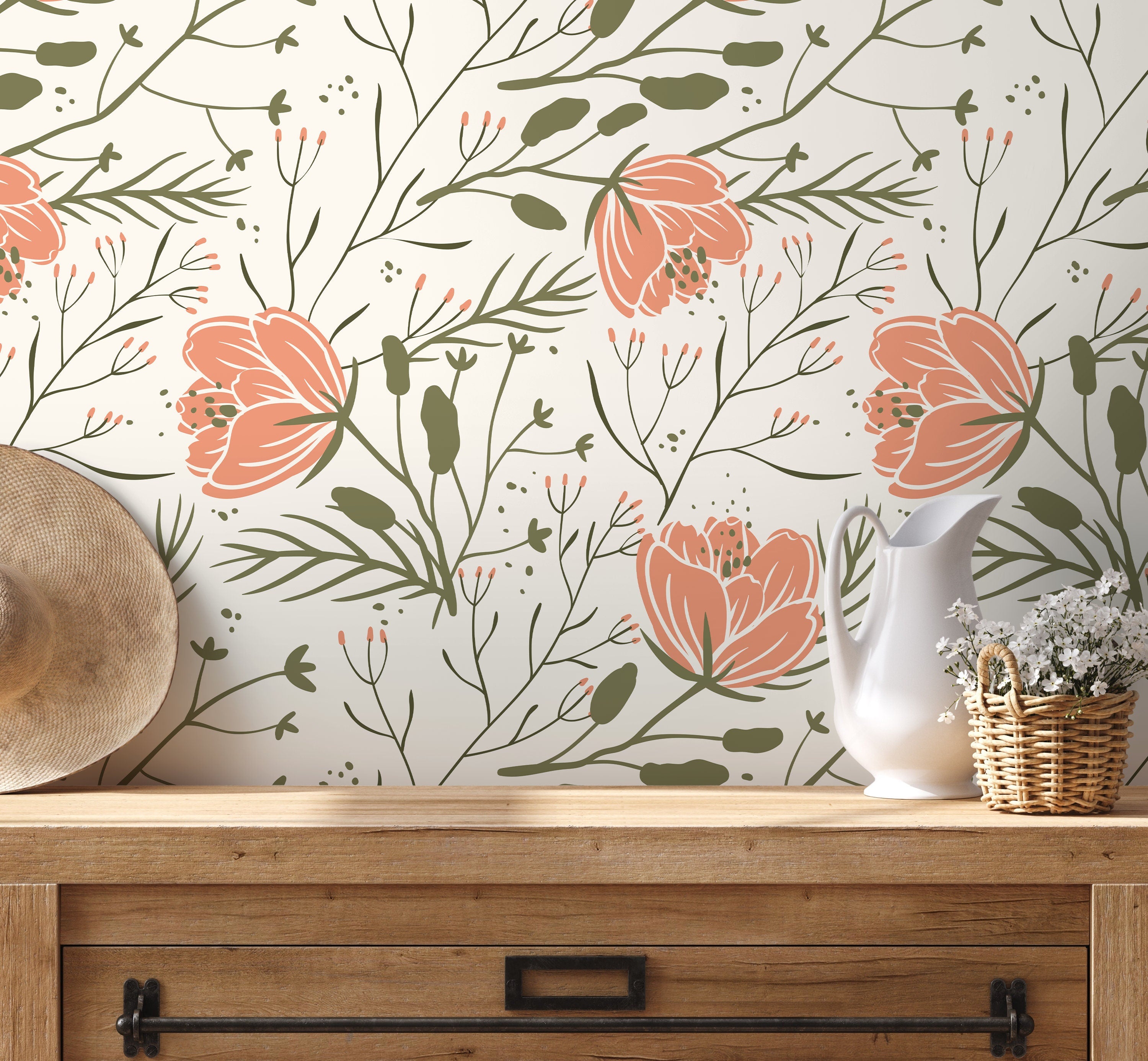 Floral Wallpaper With A Scandinavian Botanical Motif In Coral And Green - D148