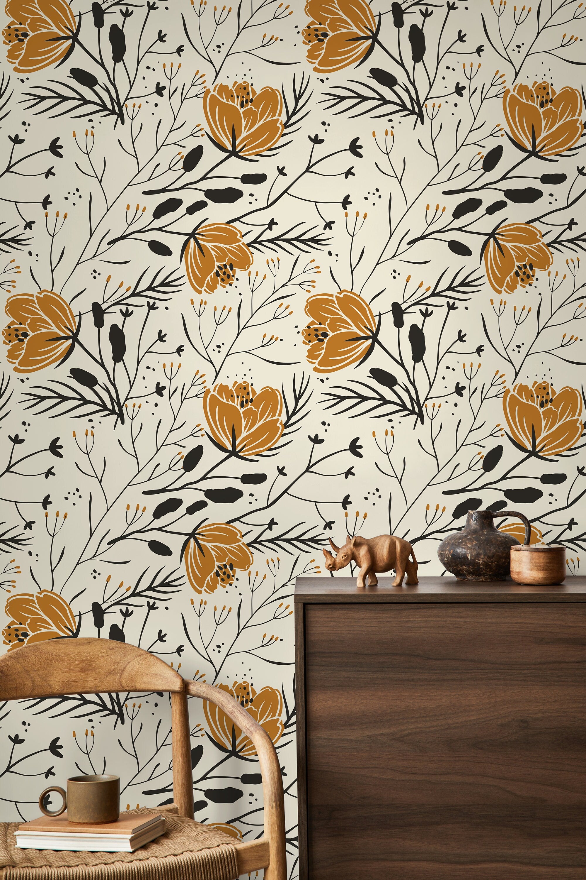 Floral Wallpaper Featuring Boho Wildflowers In Ochre And Black - D150