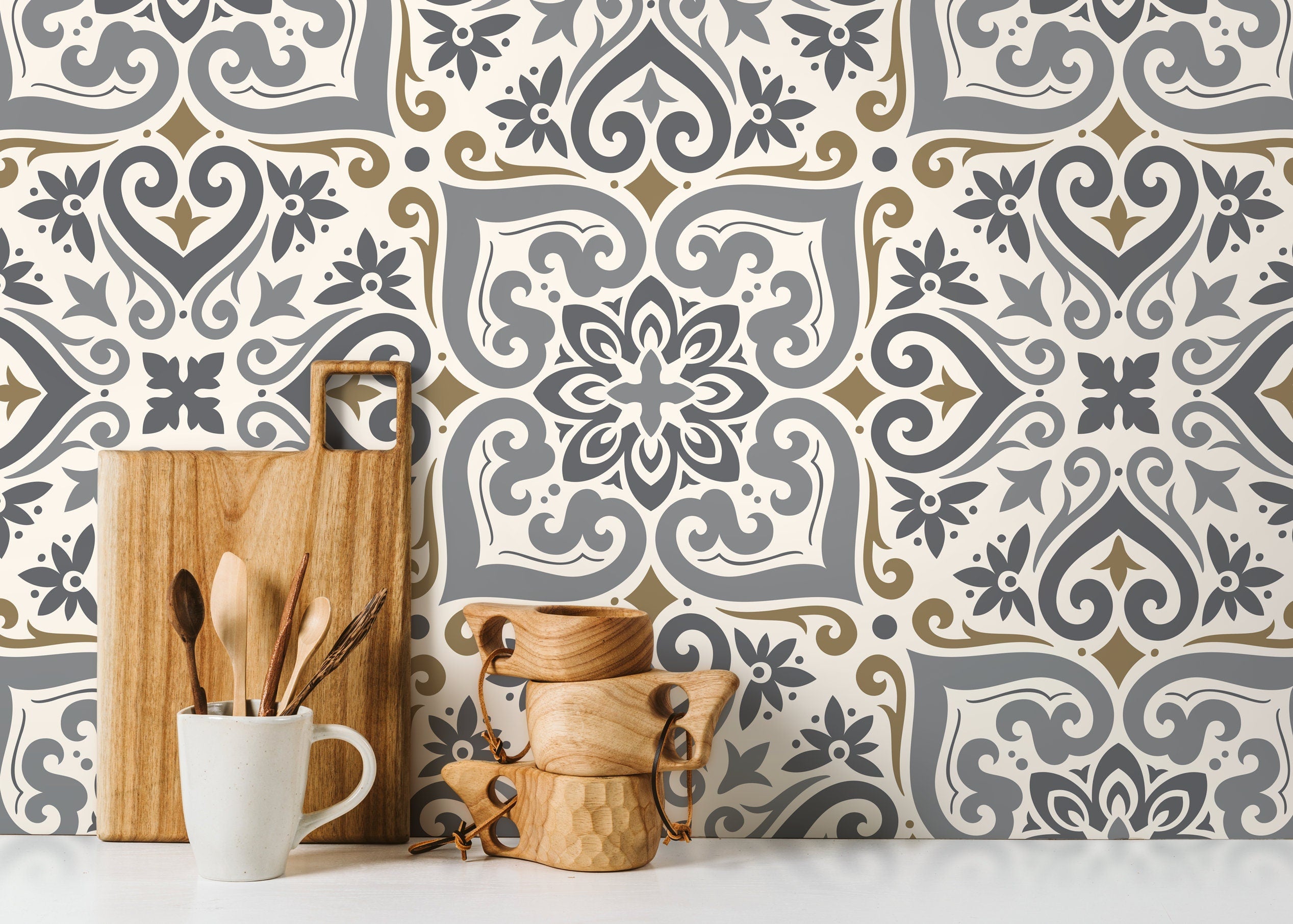 Moroccan Tile Wallpaper With An Intricate Motif In Grey And Taupe - D164
