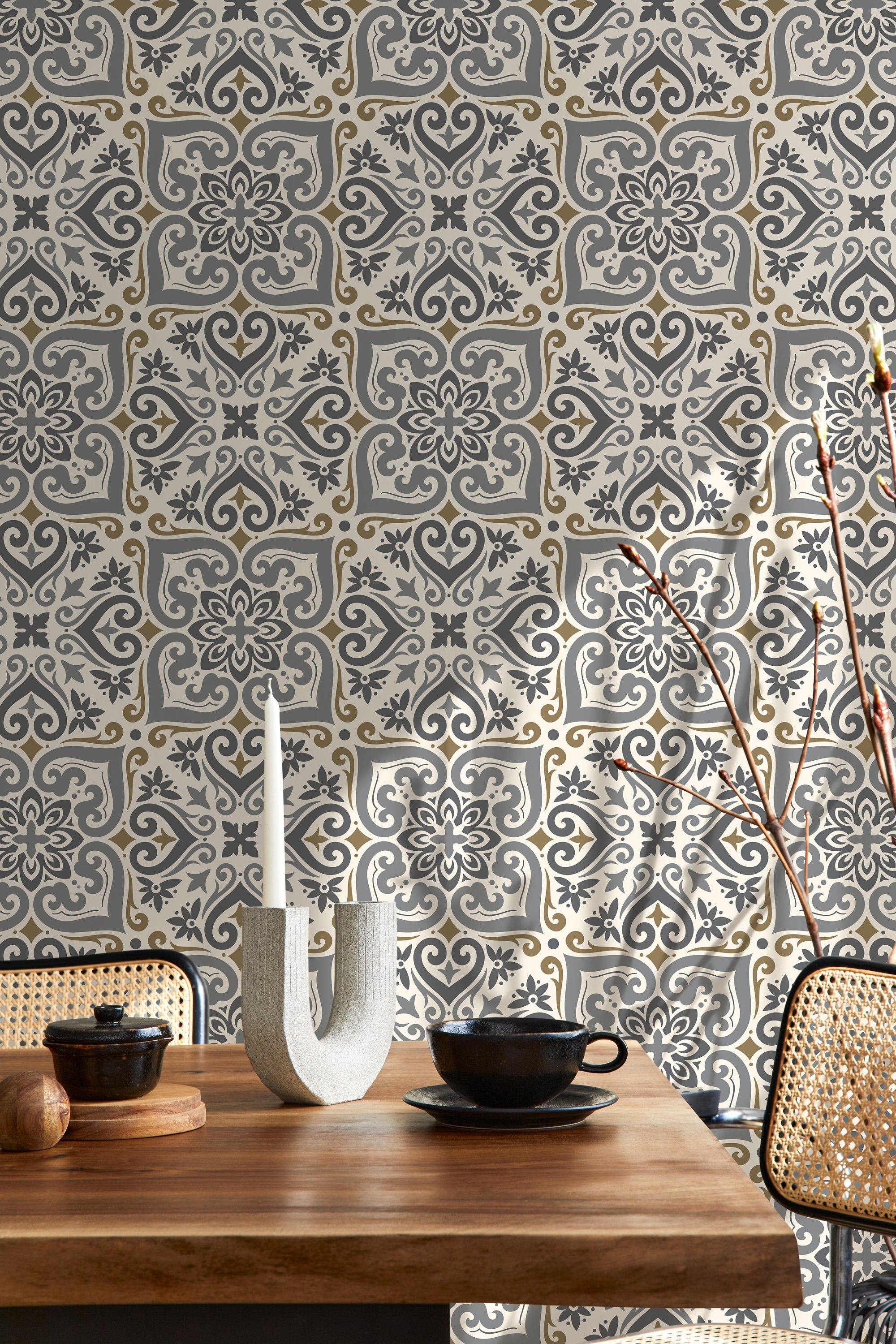 Moroccan Tile Wallpaper With An Intricate Motif In Grey And Taupe - D164