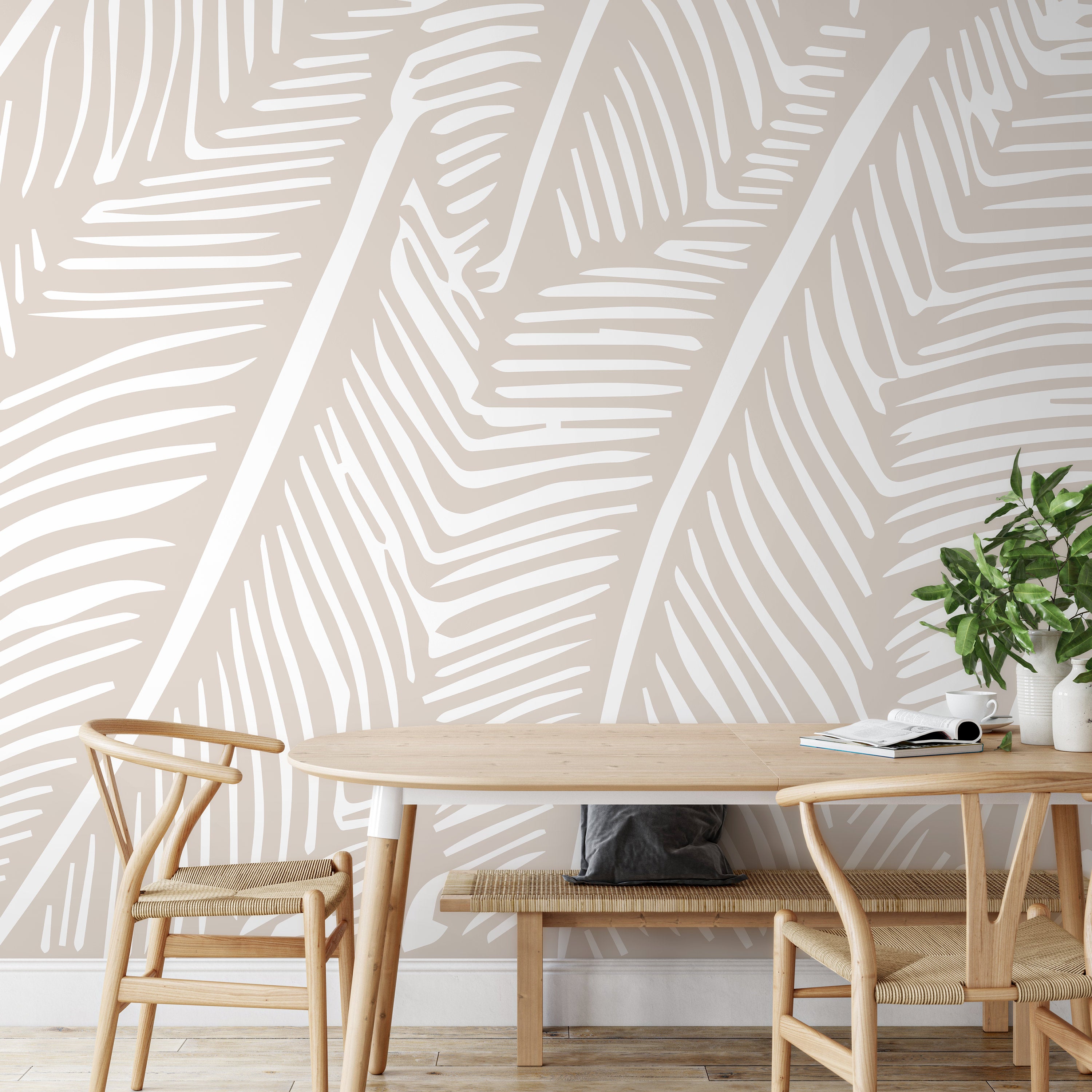 Botanical Wallpaper With A Stylized Leaf Motif In Beige And White - B965