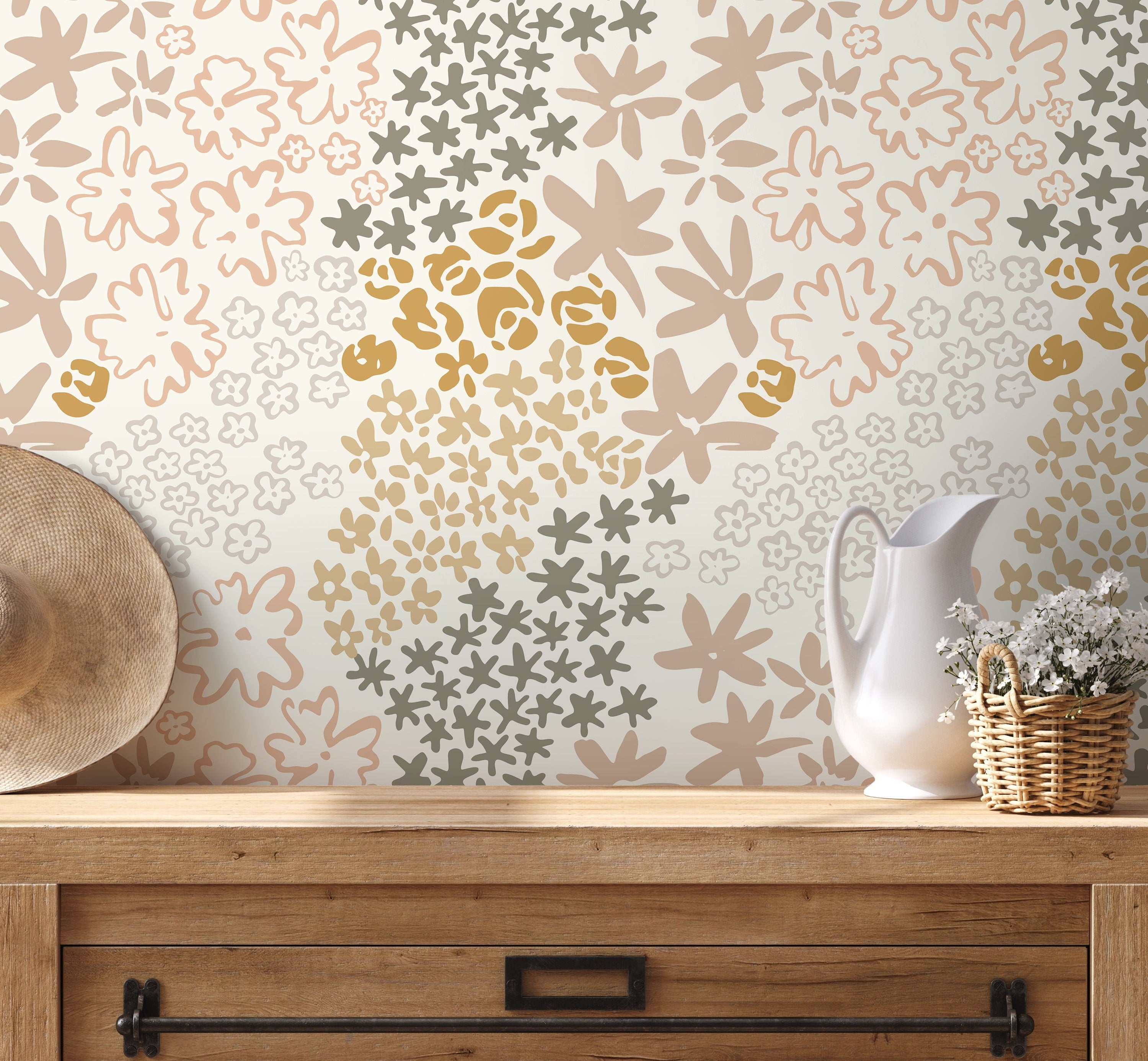 Floral Wallpaper With Stylized Blooms In Gold, Mauve, And Sage - D167