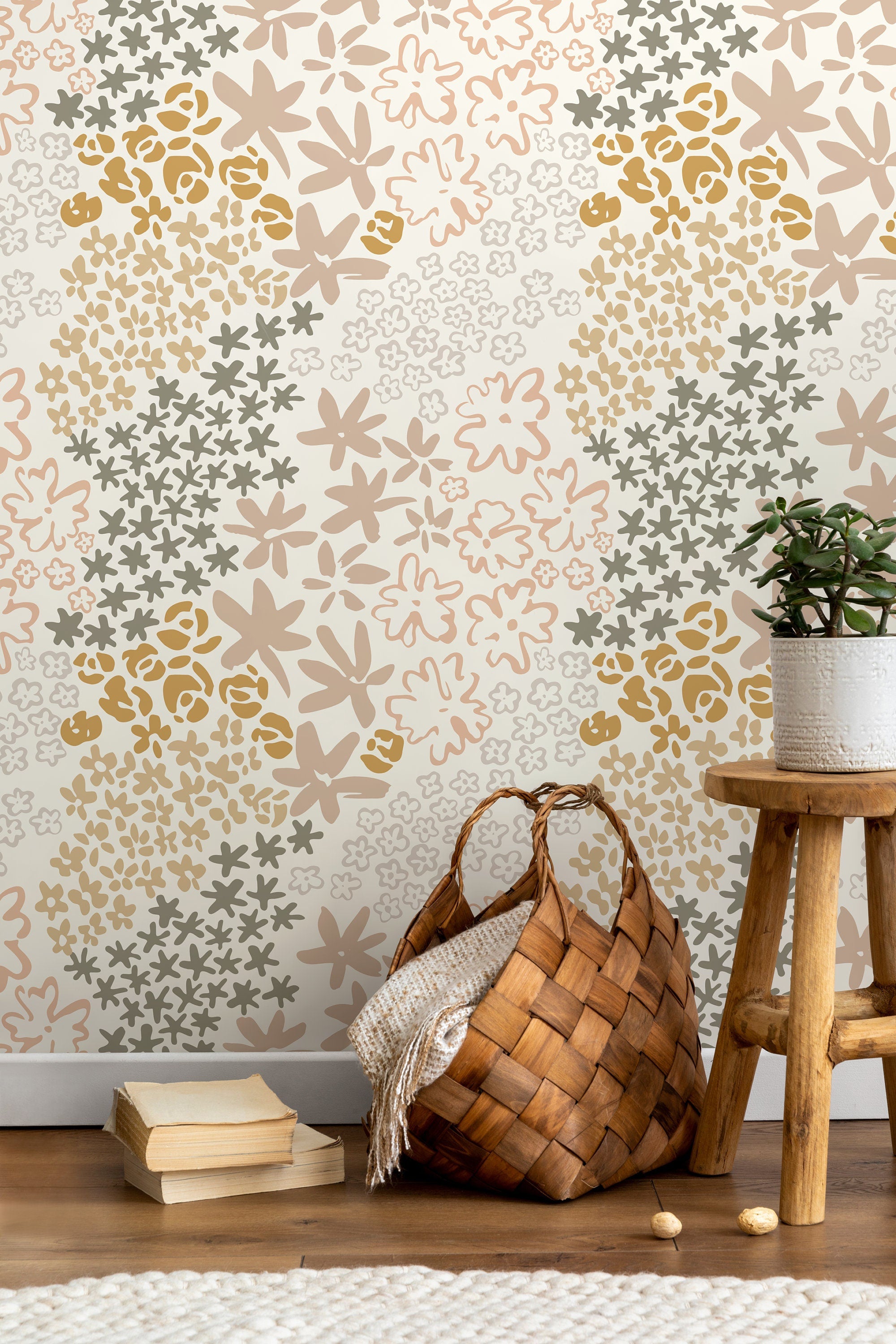 Floral Wallpaper With Stylized Blooms In Gold, Mauve, And Sage - D167