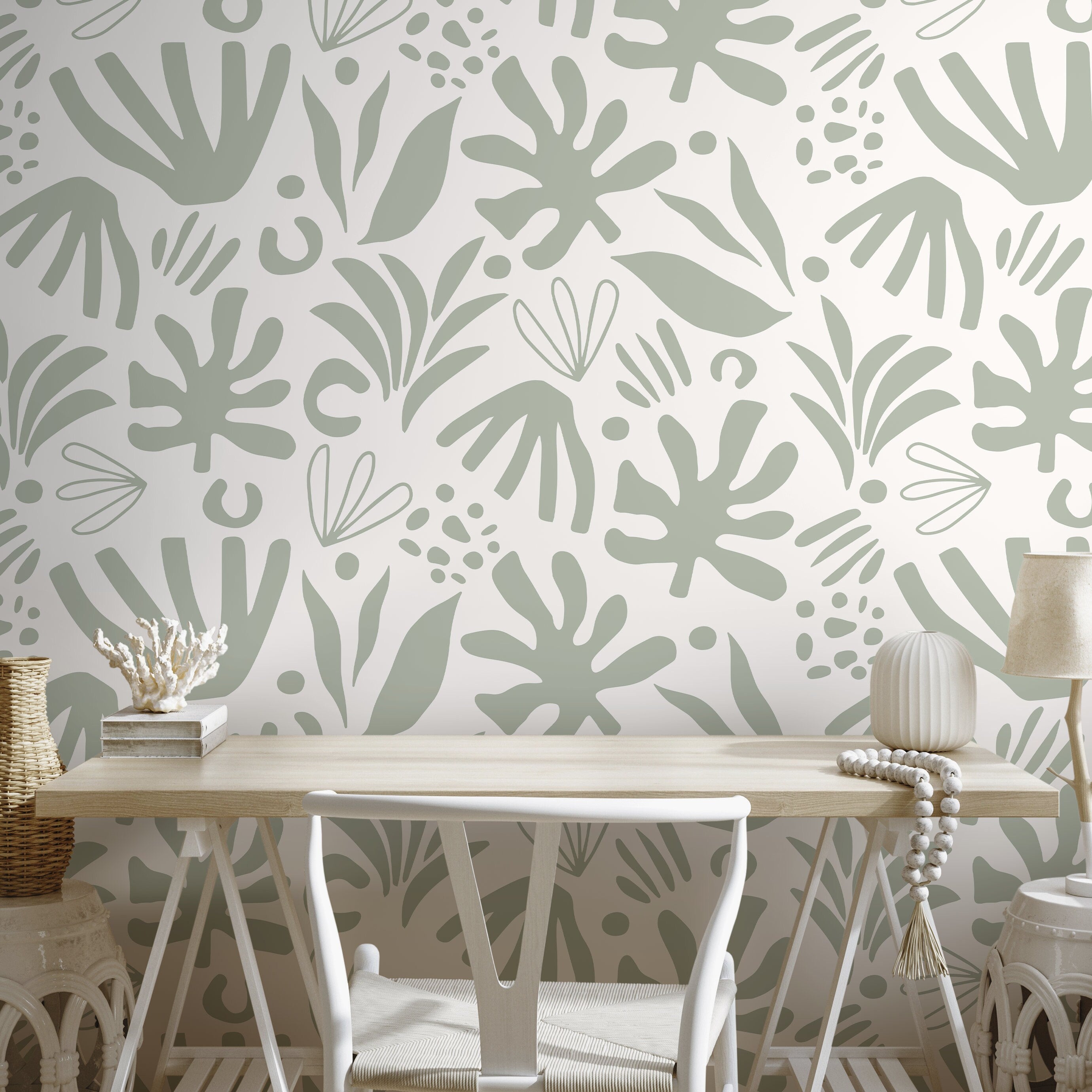 Abstract Wallpaper With A Boho Leaf Motif In Light Green - D681