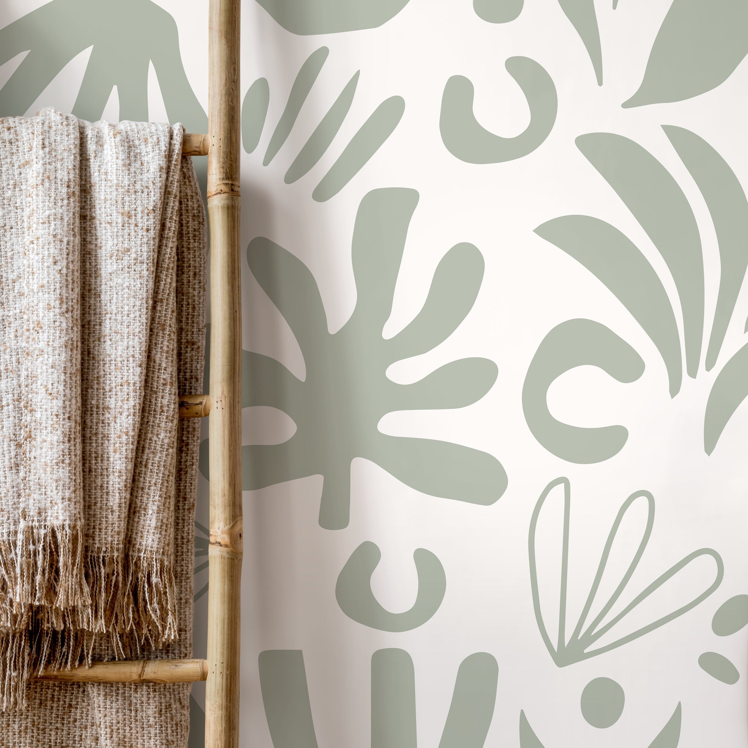Abstract Wallpaper With A Boho Leaf Motif In Light Green - D681
