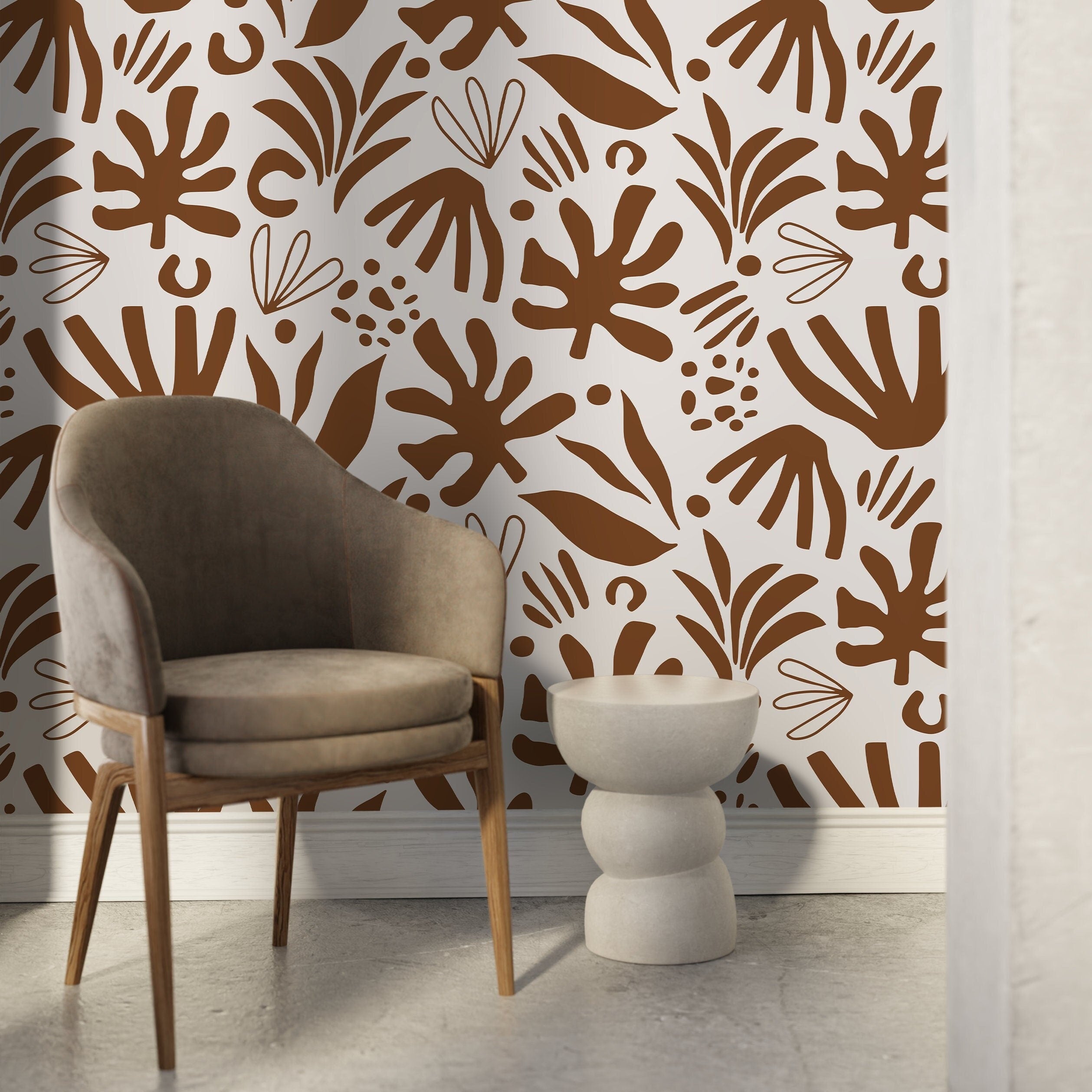Abstract Wallpaper Featuring Bold Botanical Forms In Brown - D682