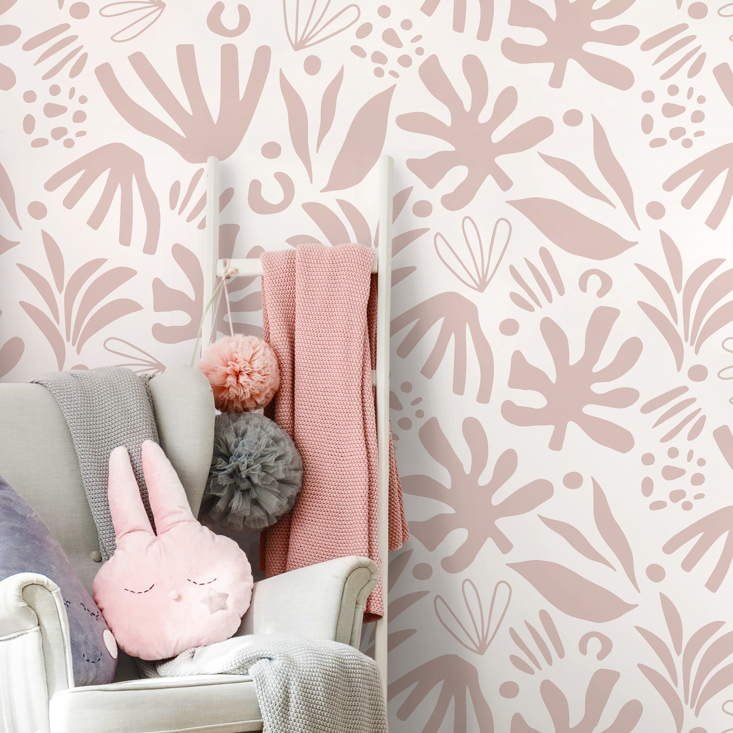 Abstract Wallpaper With Botanical Cutout Shapes In Pink - D686