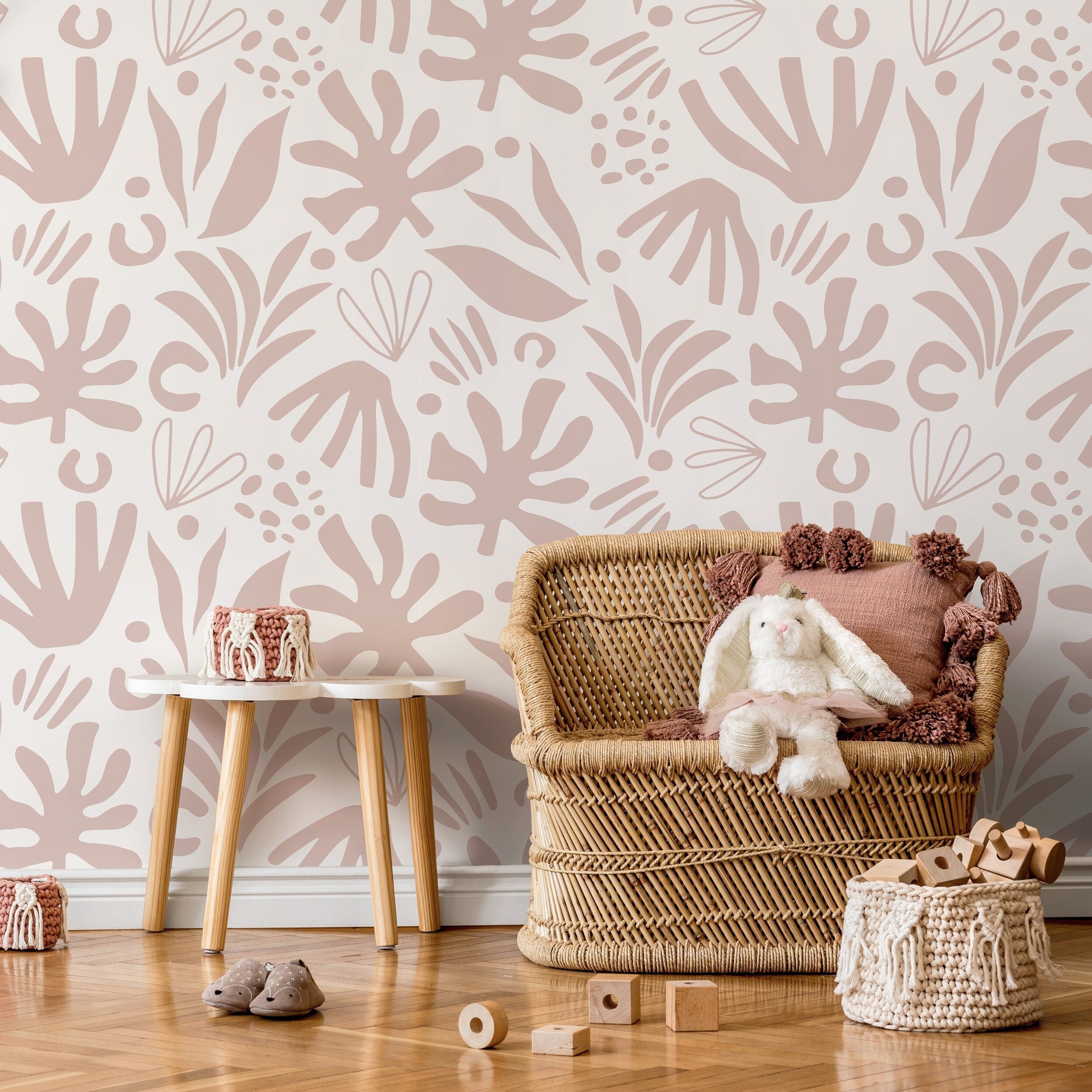 Abstract Wallpaper With Botanical Cutout Shapes In Pink - D686