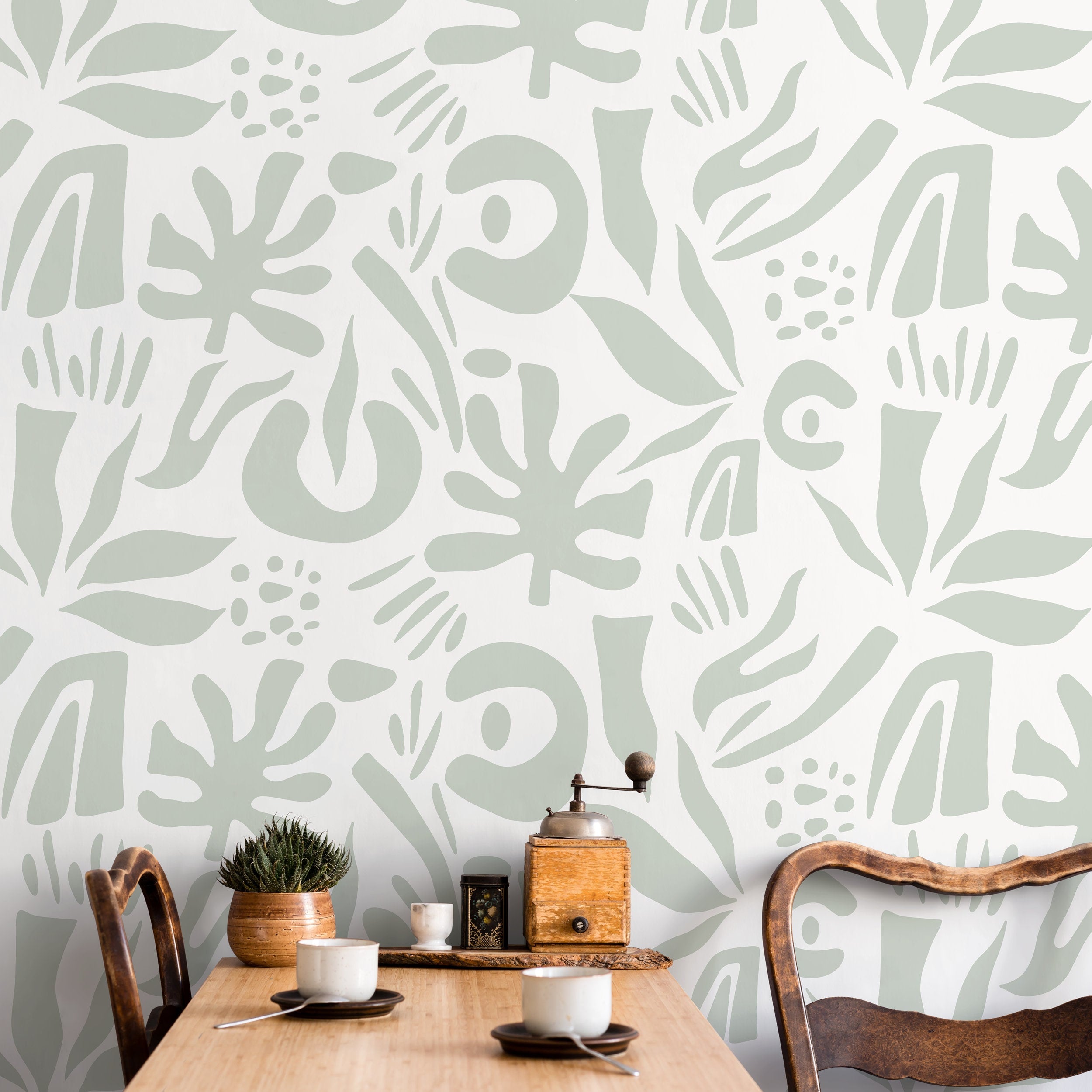 Abstract Wallpaper With Organic Leaf Shapes In Mint Green - D687