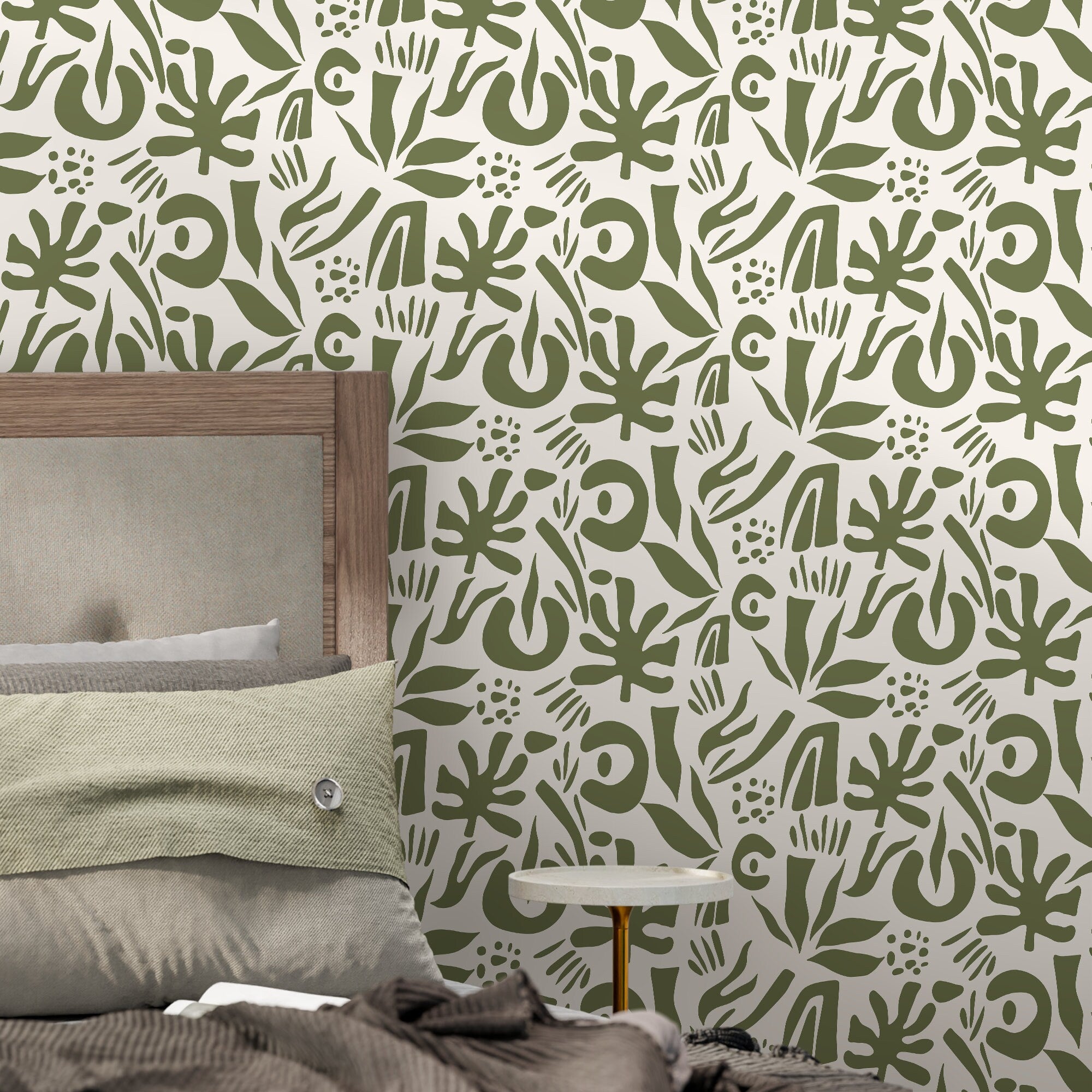 Abstract Wallpaper With Boho Botanical Cut-outs In Green - D690