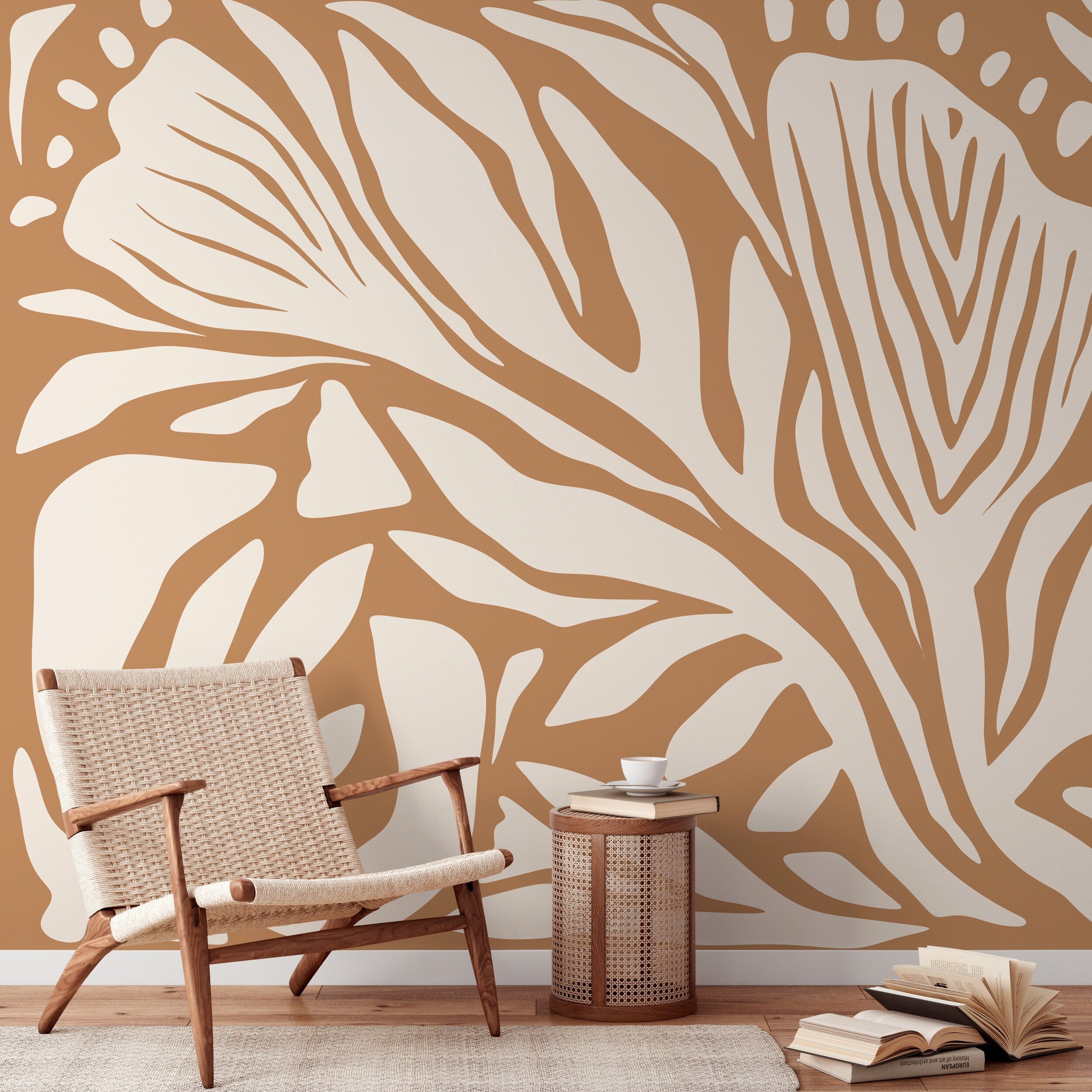 Abstract Wallpaper With A Bold Zebra Stripe Motif In Orange And Cream - D692