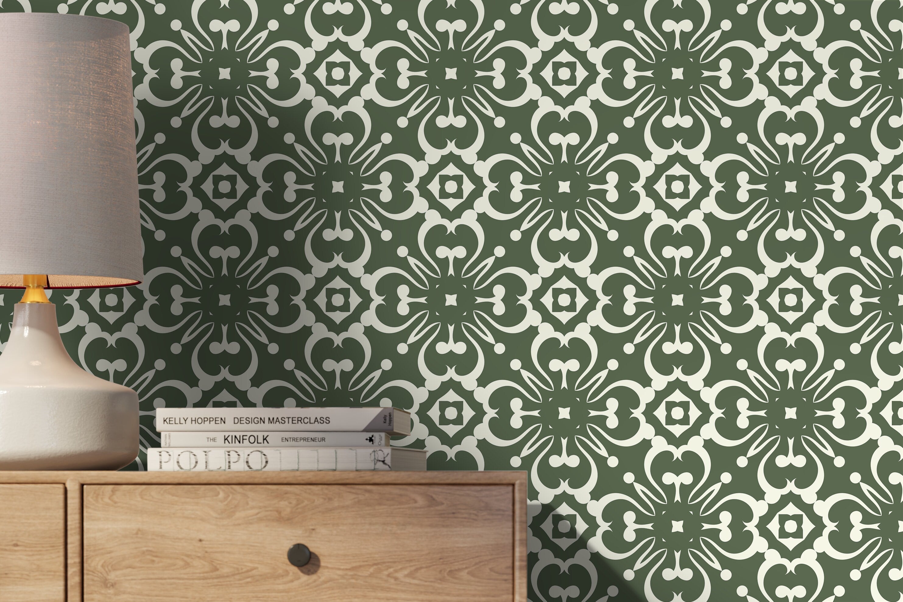 Tile Wallpaper With An Ornate Symmetrical Motif In Green And White - D179