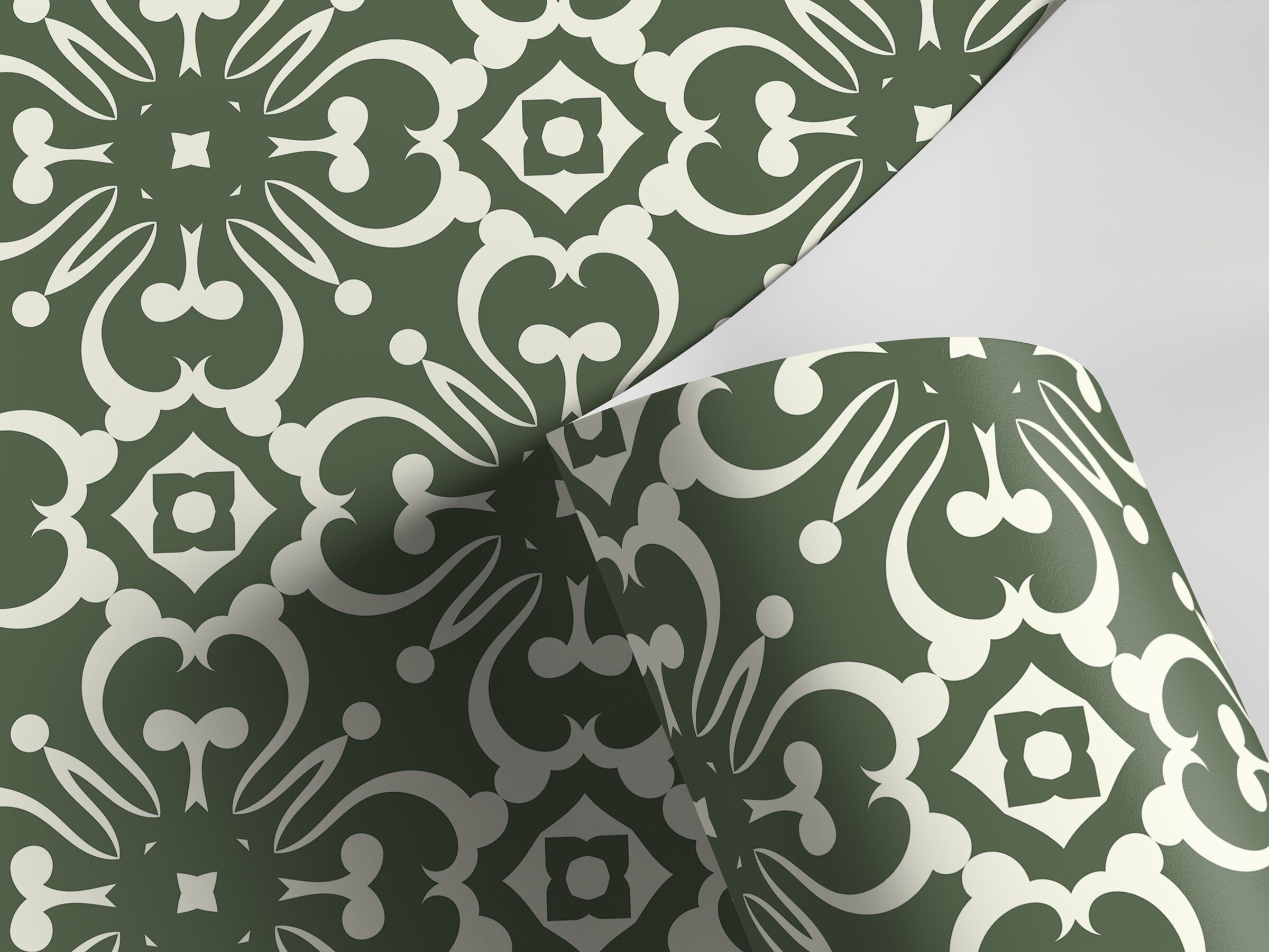 Tile Wallpaper With An Ornate Symmetrical Motif In Green And White - D179