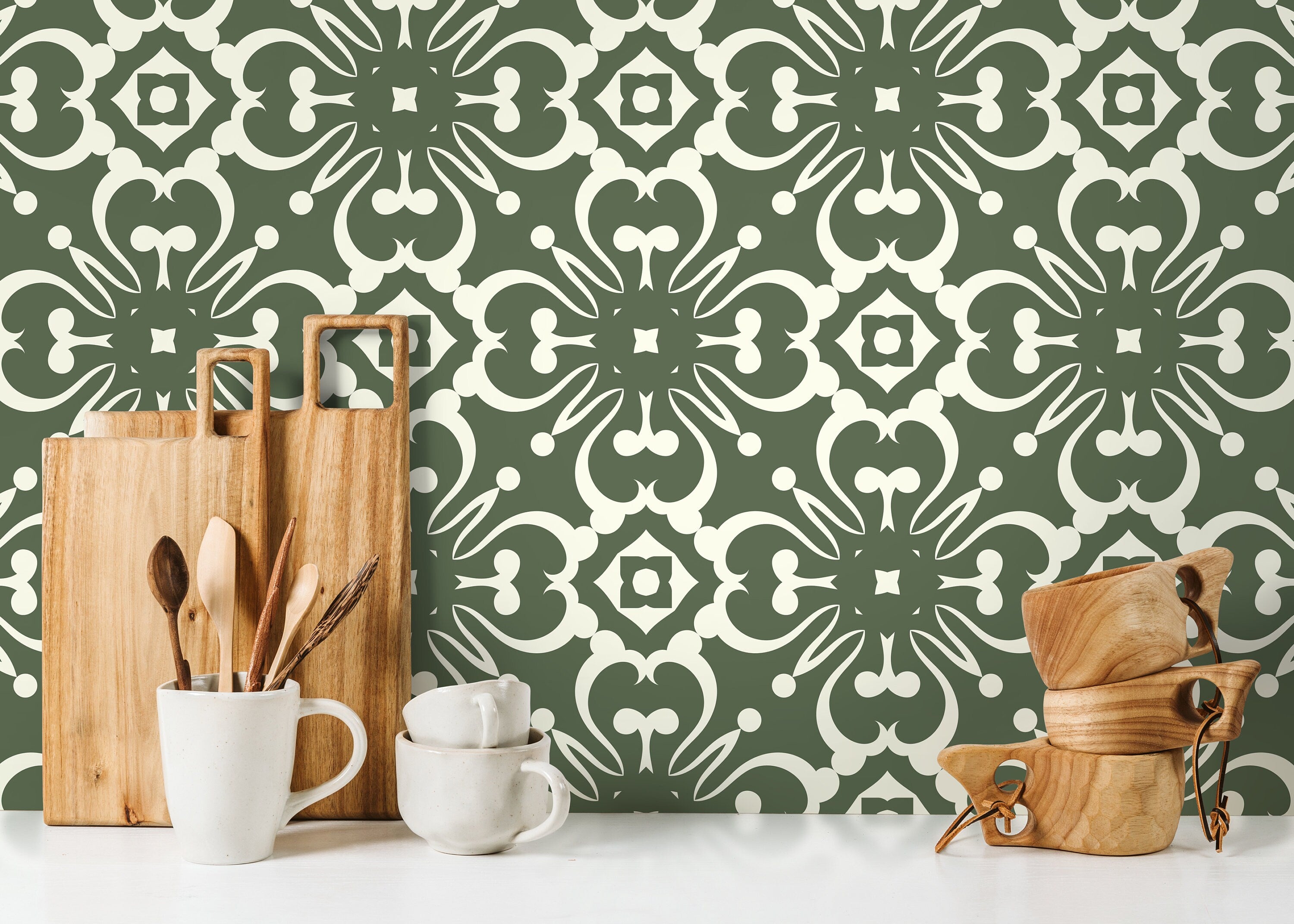 Tile Wallpaper With An Ornate Symmetrical Motif In Green And White - D179