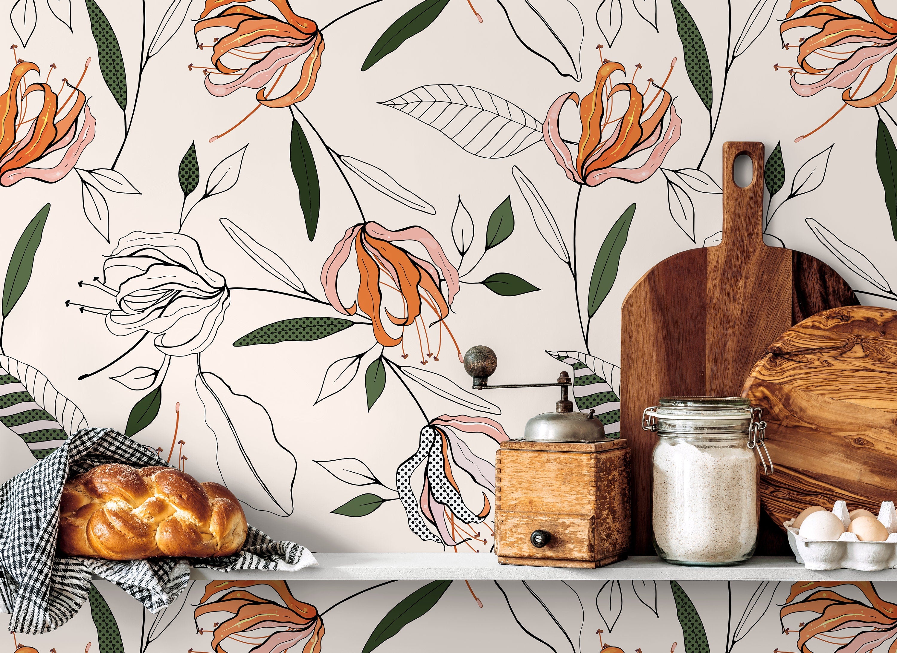 Floral Wallpaper With A Stylized Lily Motif In Orange, Pink, And Green - D199