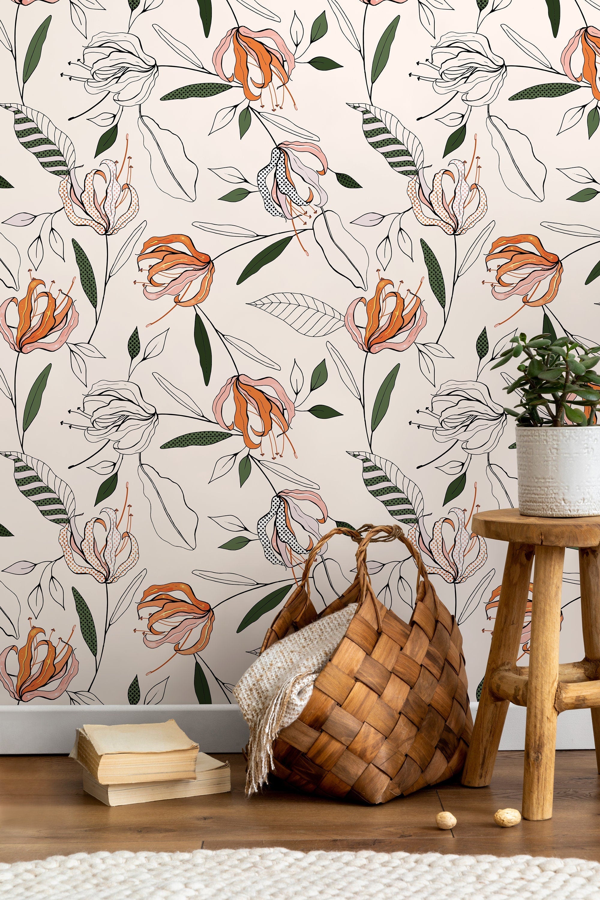 Floral Wallpaper With A Stylized Lily Motif In Orange, Pink, And Green - D199