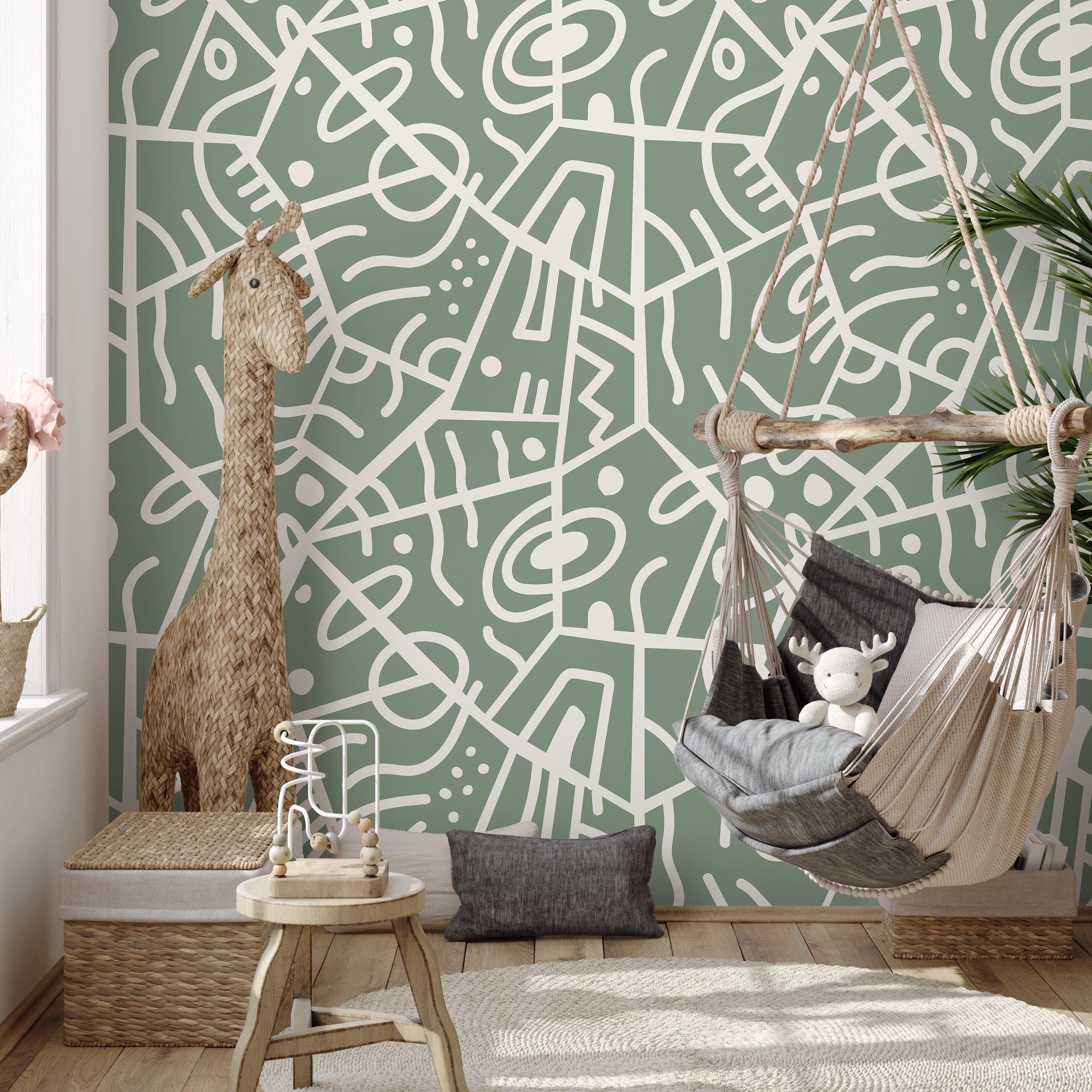 Abstract Wallpaper With Ethnic Line Art In Green And White - D551