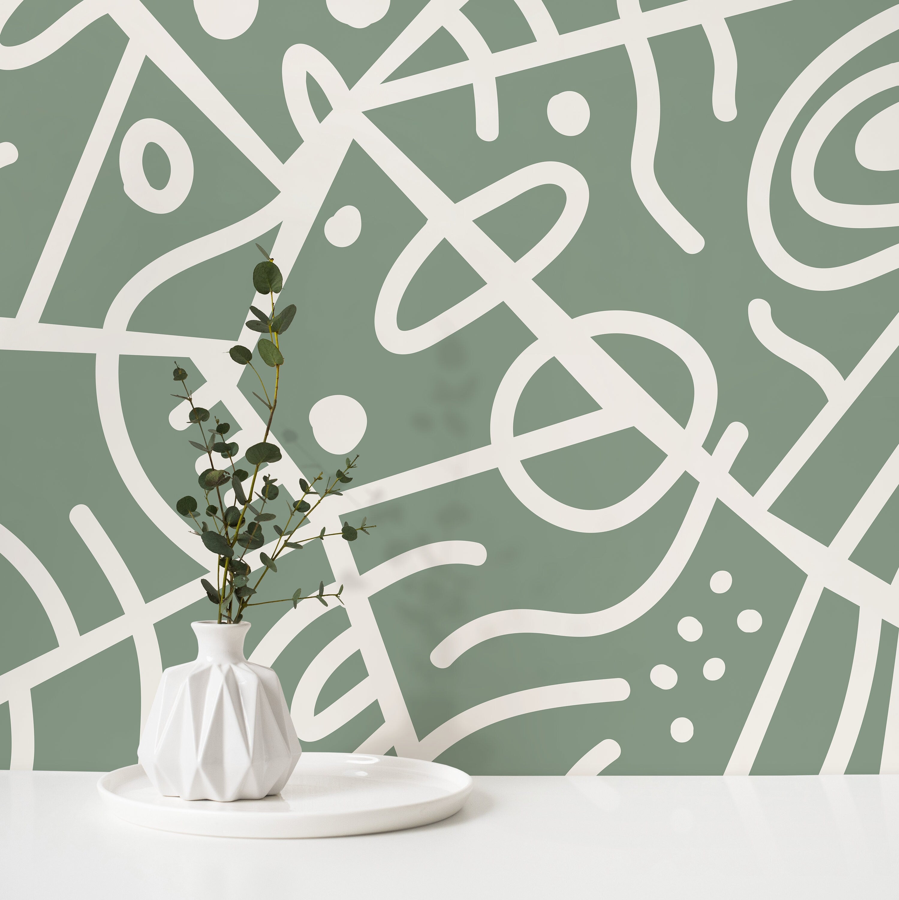 Abstract Wallpaper With Ethnic Line Art In Green And White - D551