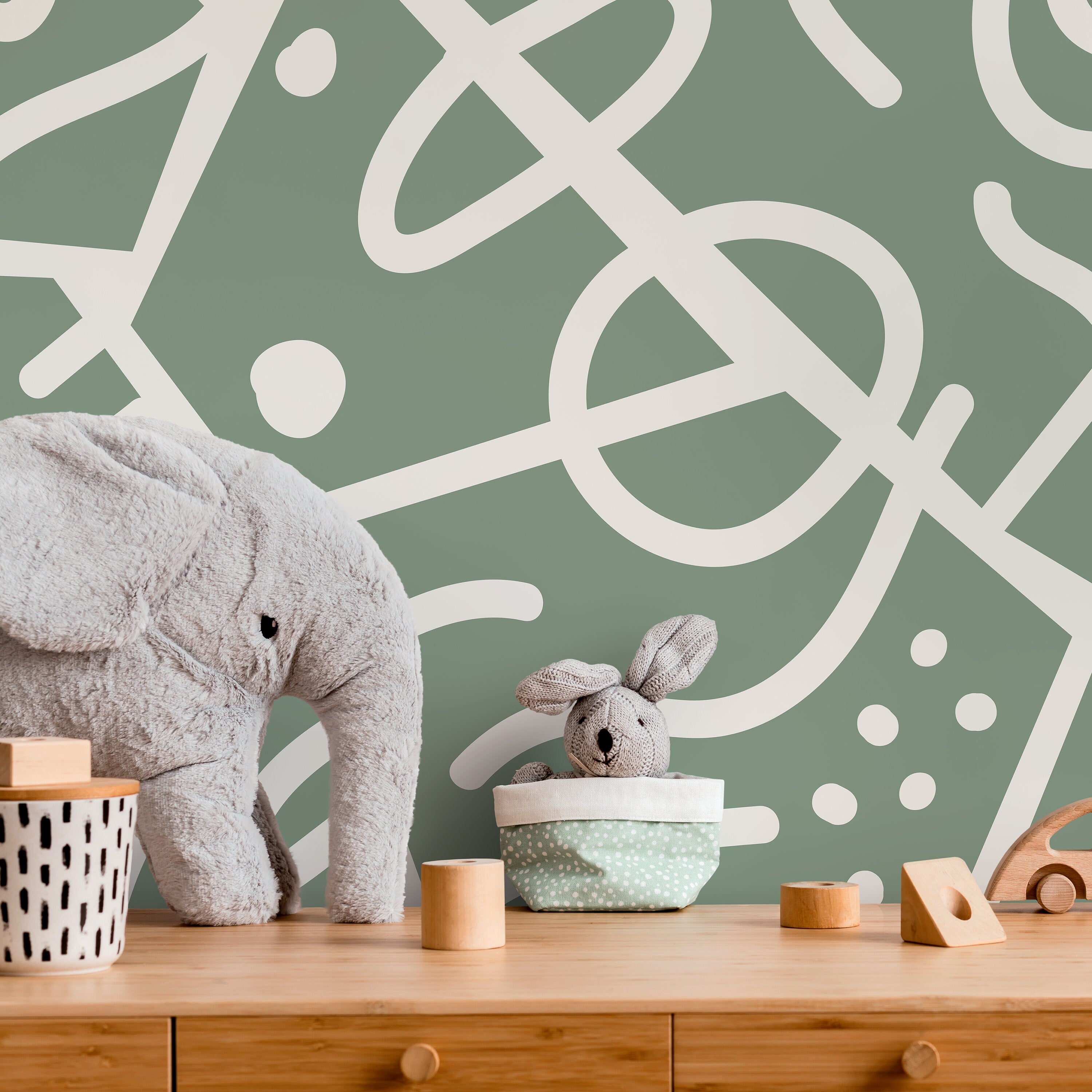 Abstract Wallpaper With Ethnic Line Art In Green And White - D551