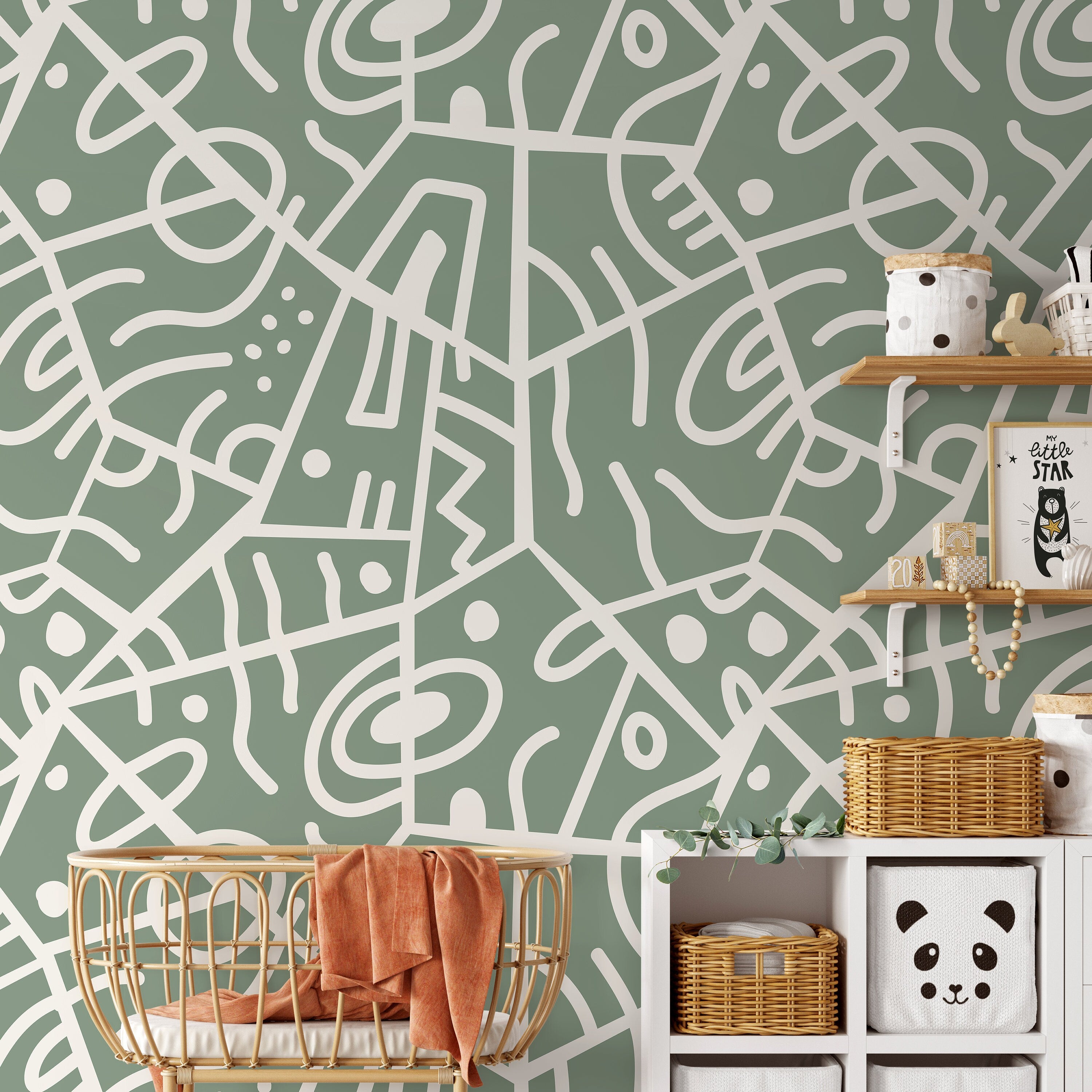 Abstract Wallpaper With Ethnic Line Art In Green And White - D551
