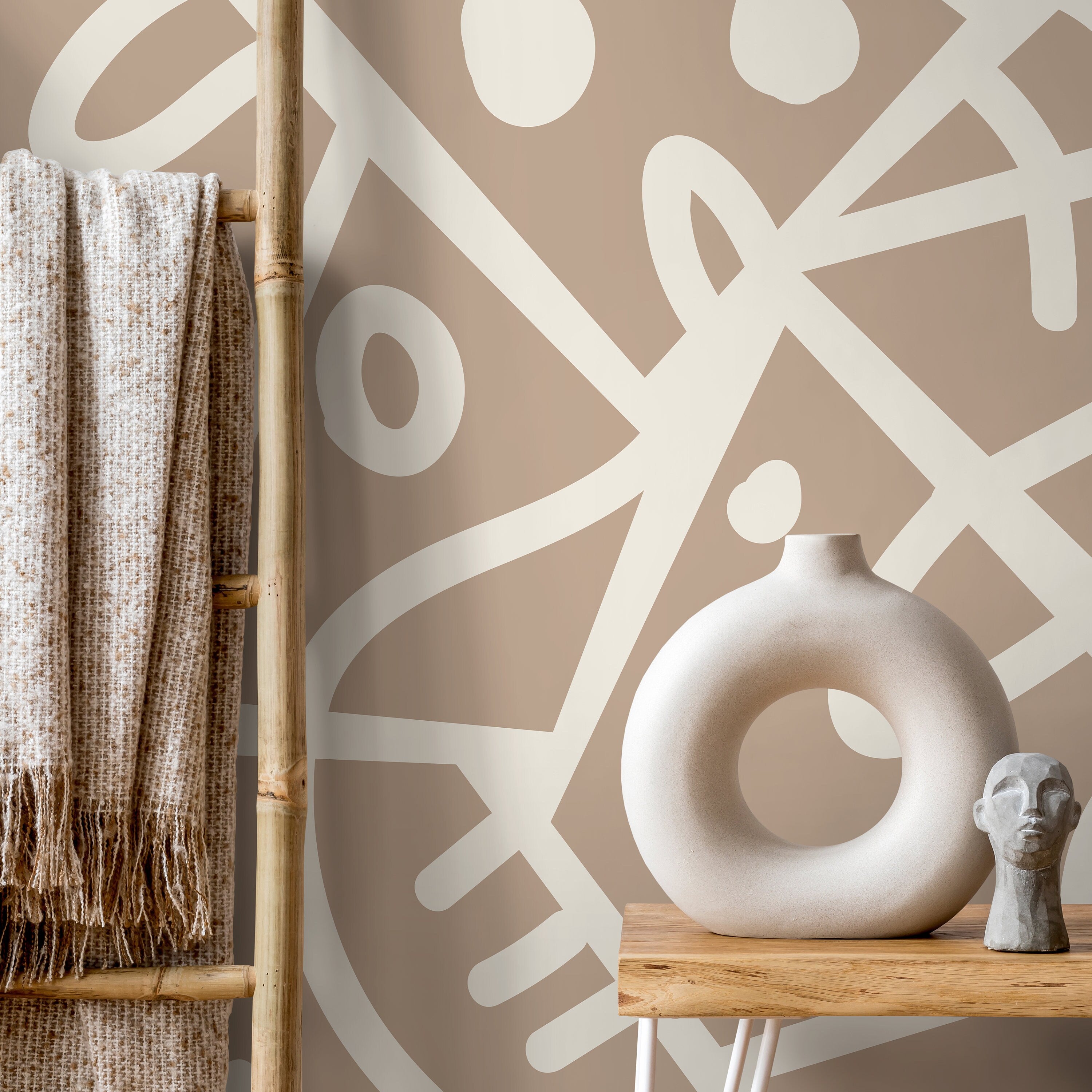 Abstract Wallpaper With A Bold Ethnic Line Art Motif In Beige And Cream - D552